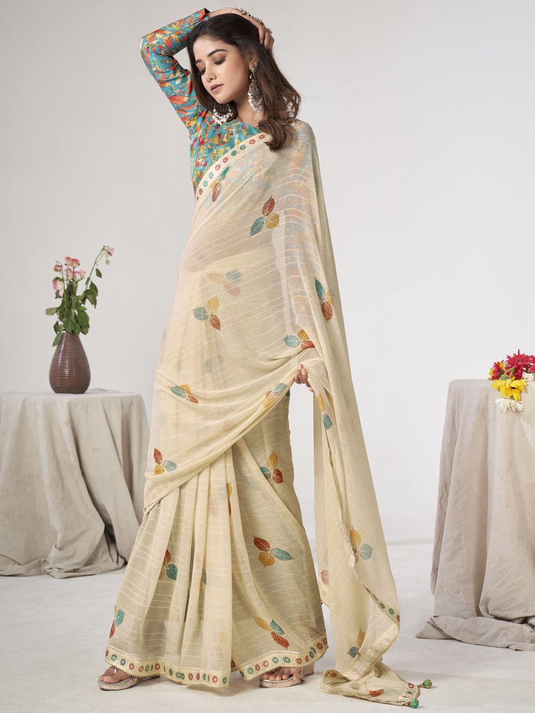 

CHUDIYA Floral Gotta Patti Pure Georgette Saree, Beige