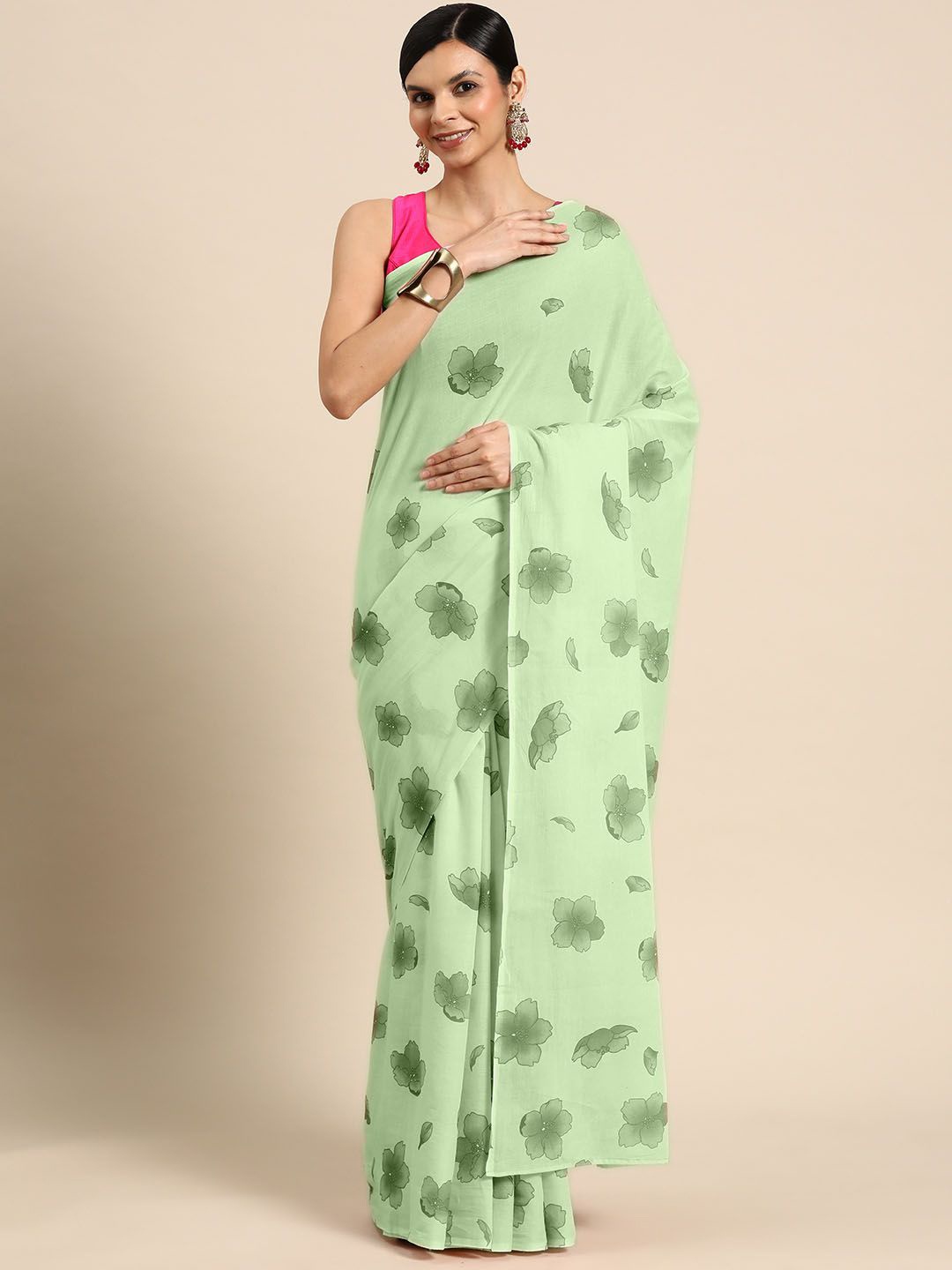 

BUTA BUTI Floral Pure Cotton Saree, Green