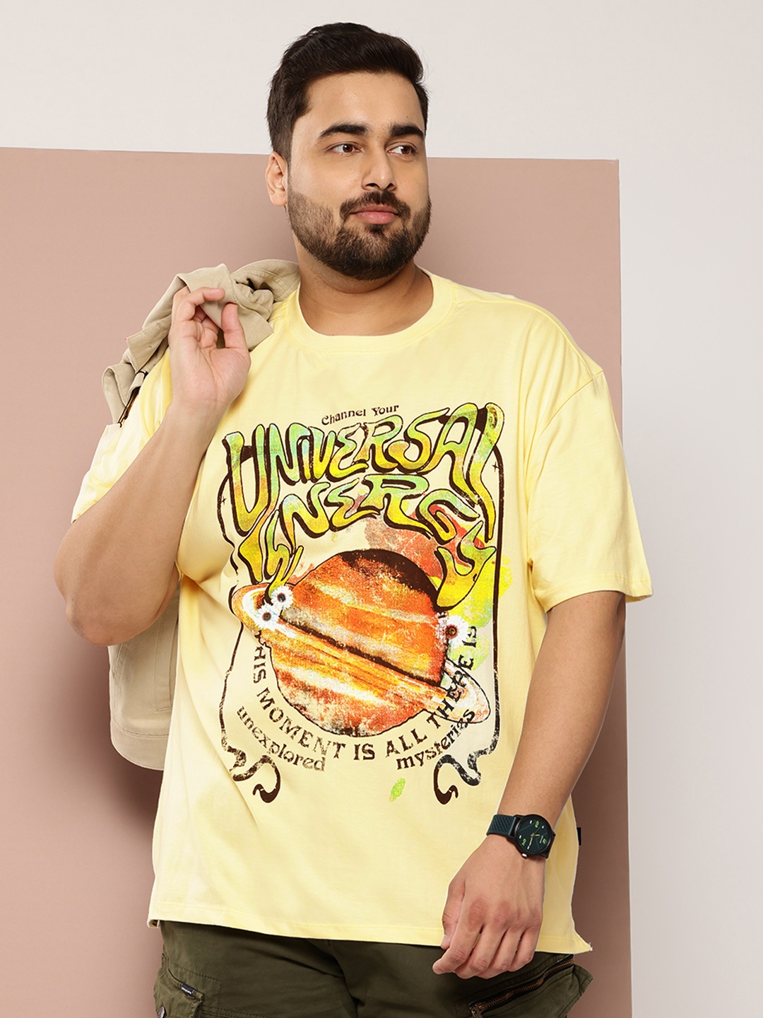 

Sztori Plus Size Printed Pure Cotton T-shirt, Yellow