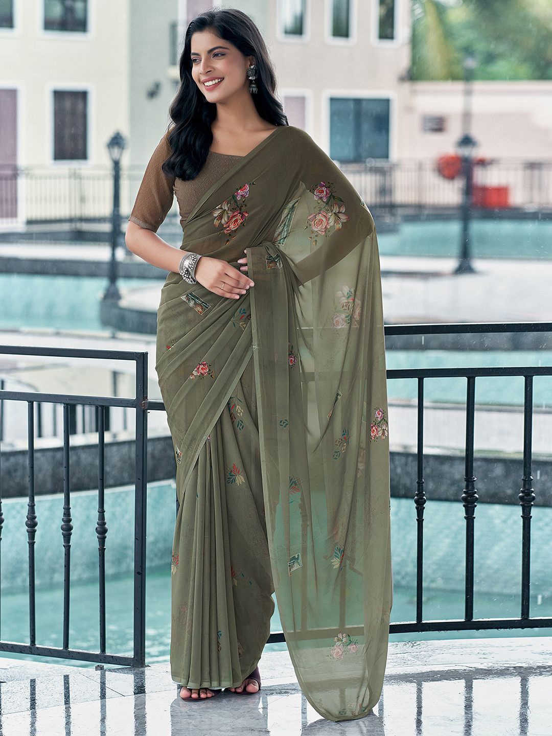 

Mitera Ethnic Motifs Pure Georgette Muga Saree, Green