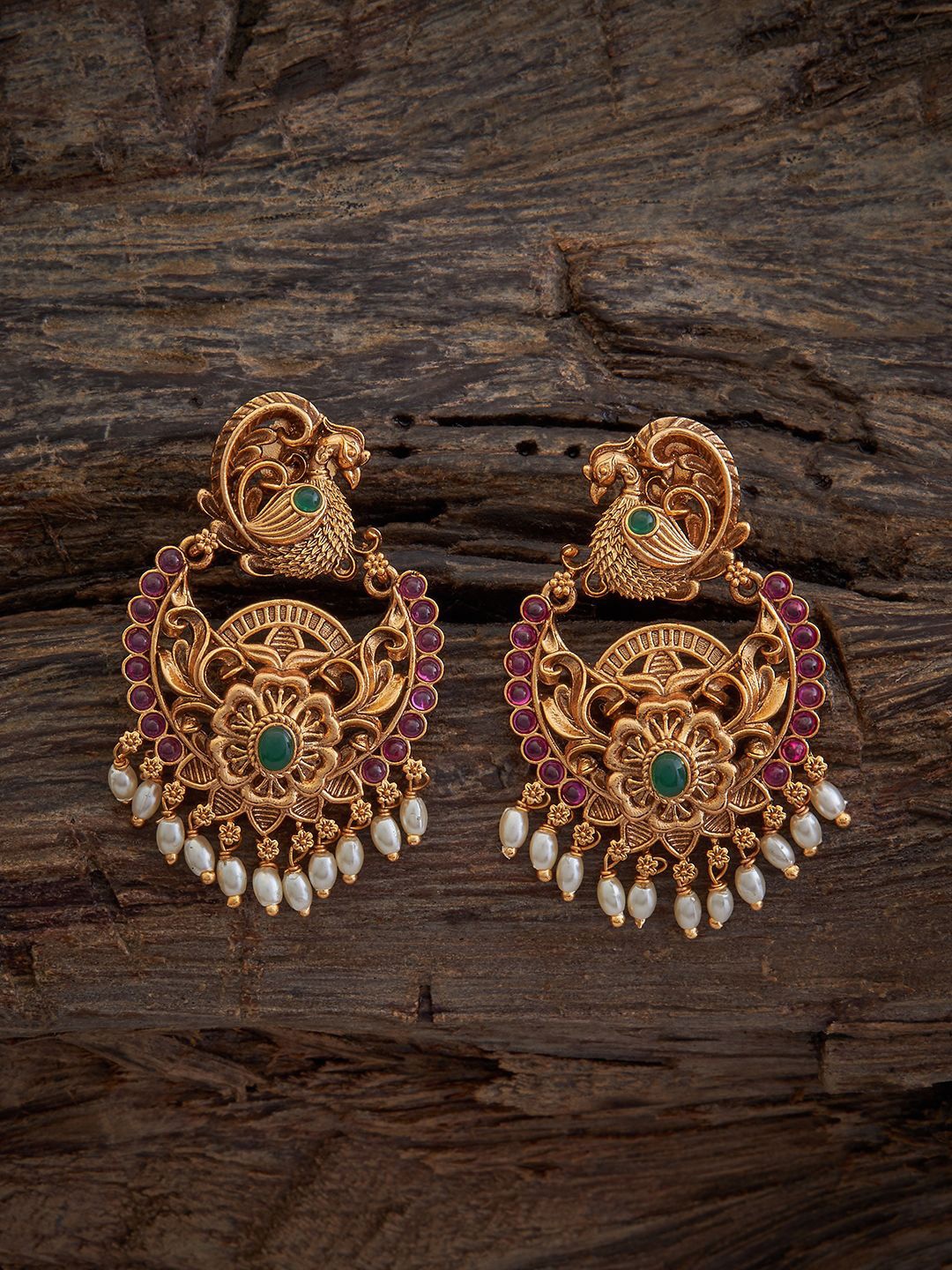 

Kushal's Fashion Jewellery Gold-Plated Beaded Peacock Shaped Antique Drop Earrings