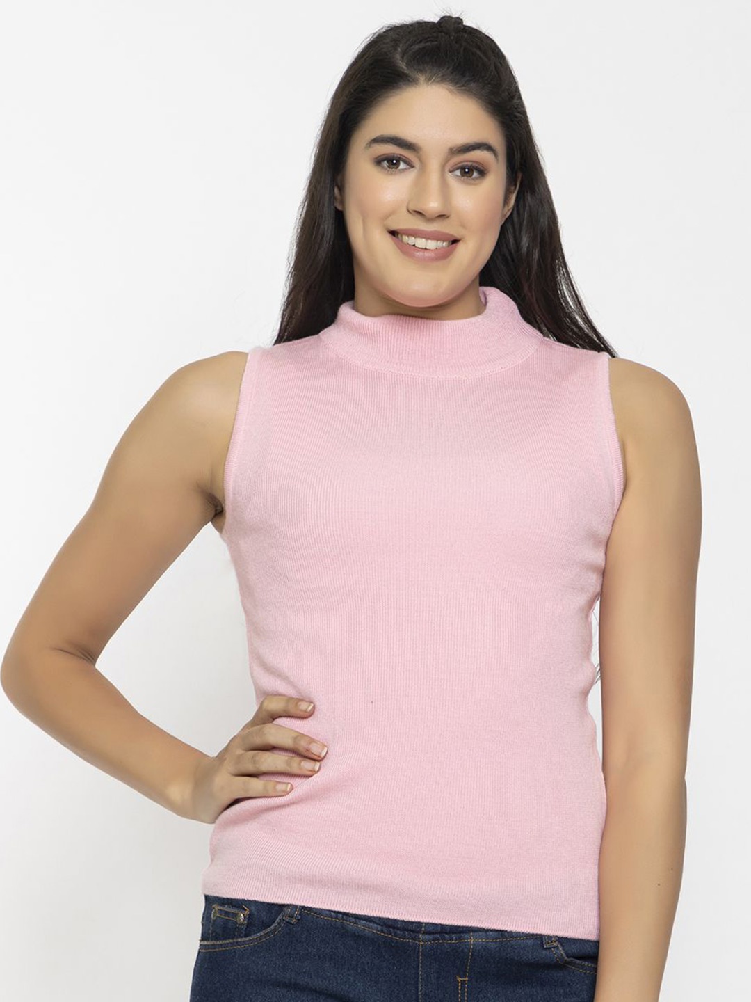 

RVK Women Solid Round Neck Sleeveless Sweater, Pink