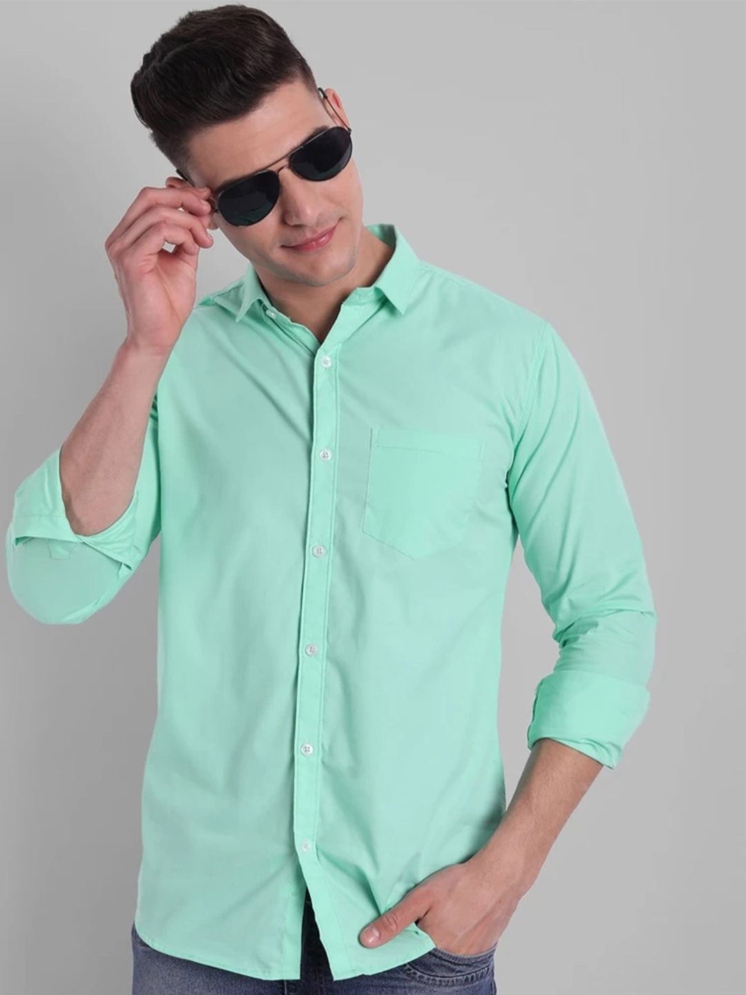 

Vcom Men Classic Spread Collar Solid Cotton Slim Fit Casual Shirt, Sea green