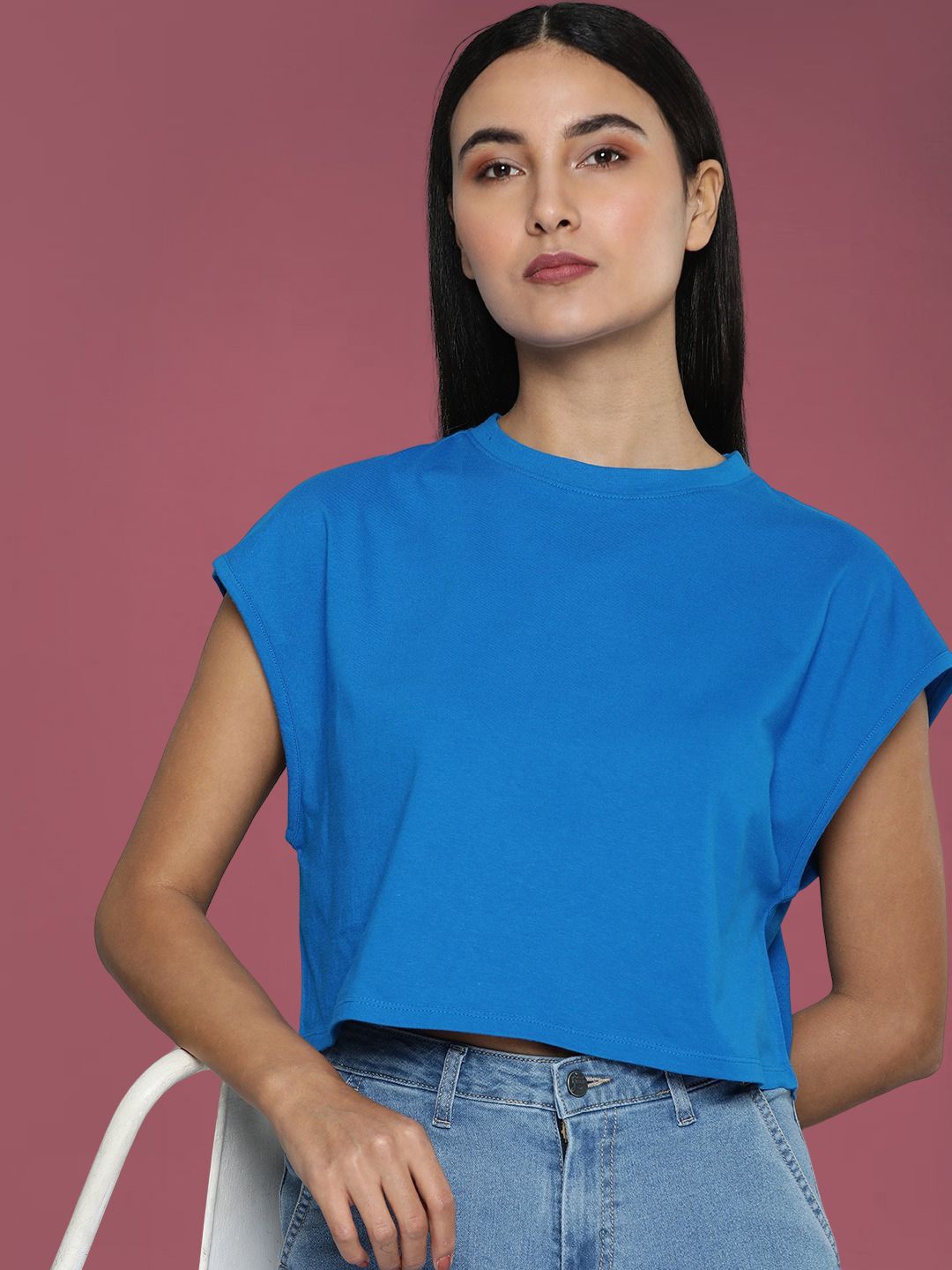 

DressBerry Women Solid Round Neck Cotton Boxy T-shirt, Blue