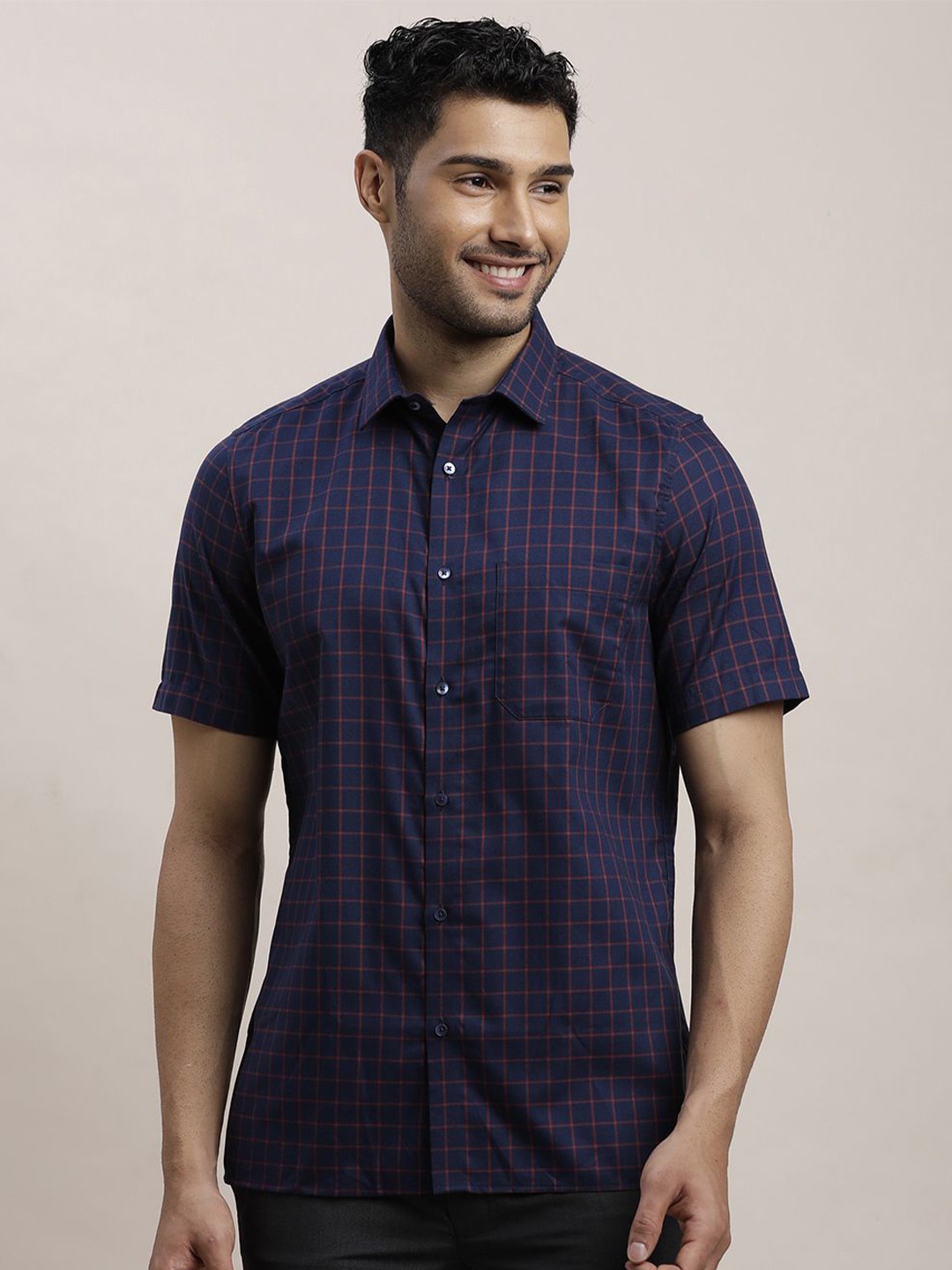 

Turtle Men Classic Spread Collar Micro Checked Cotton Casual Shirt, Navy blue