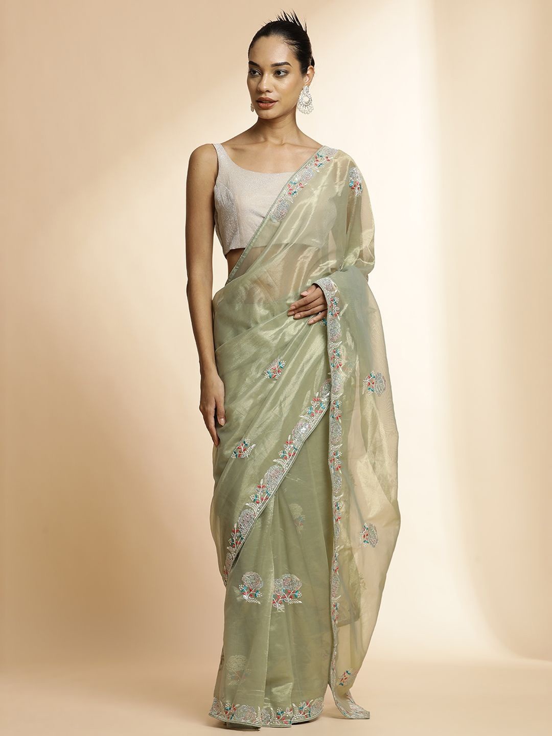 

Jaipur Kurti Floral Sequinned Net Saree, Olive