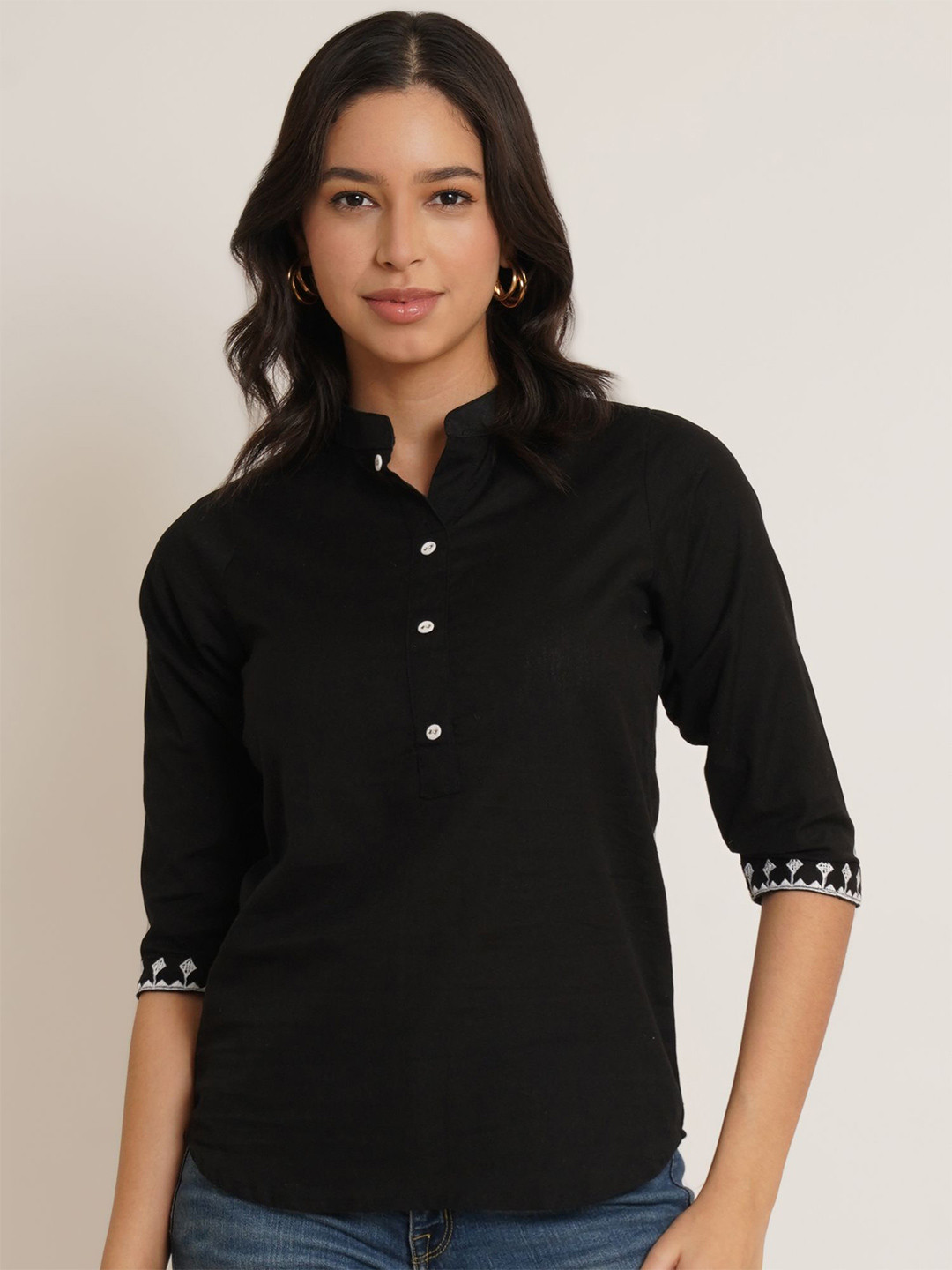 

Brownverse Women Solid Mandarin Collar Cotton Top, Black