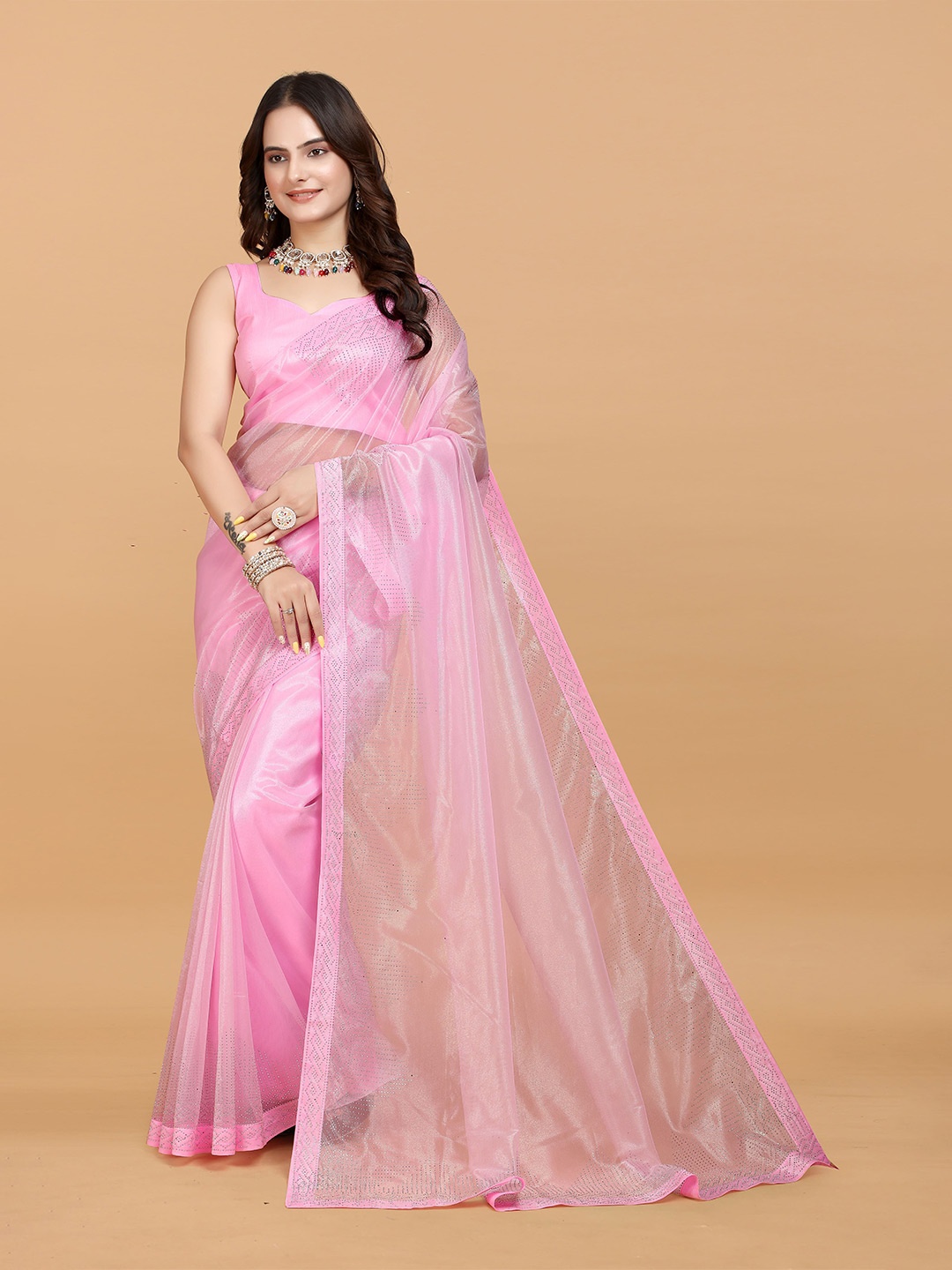 

Zeekha Embellished Beads and Stones Heavy Work Saree, Pink