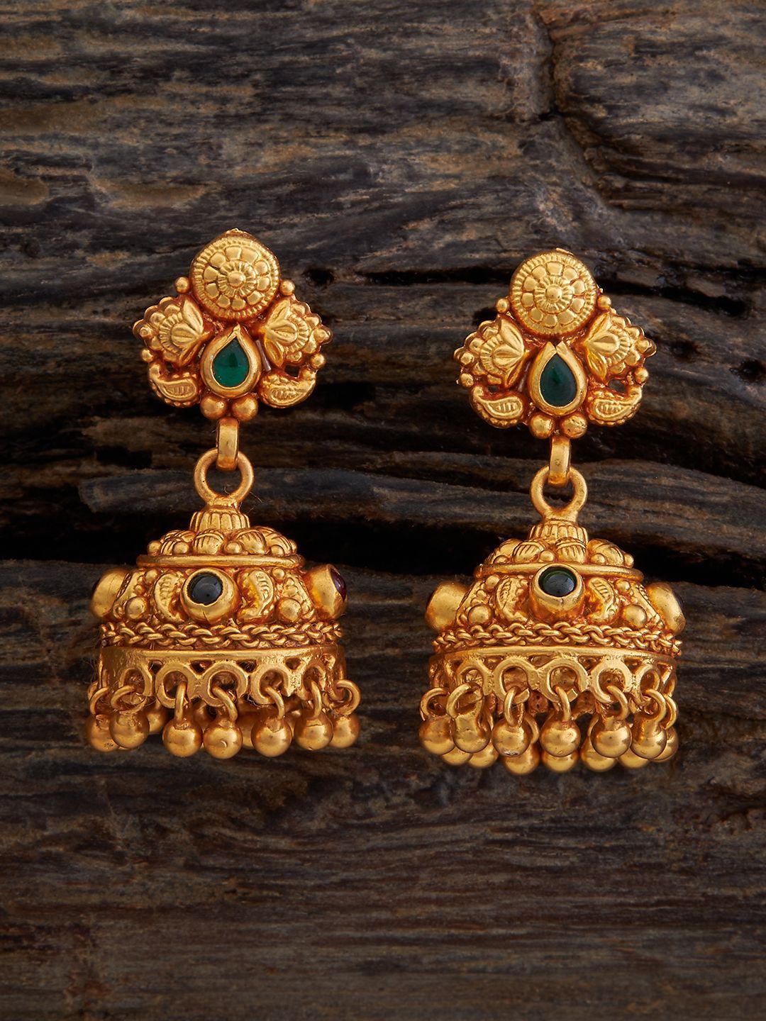 

Kushal's Fashion Jewellery 92.5 Pure Silver Gold-Plated Stones Studded Dome Shaped Jhumkas, Red