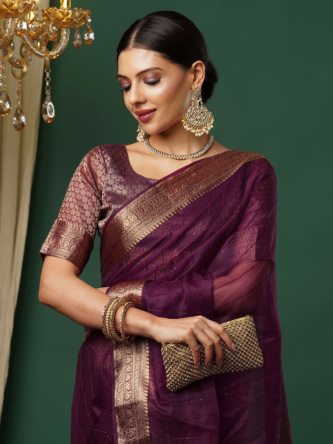 

Mitera Striped Sequinned Organza Banarasi Saree, Purple