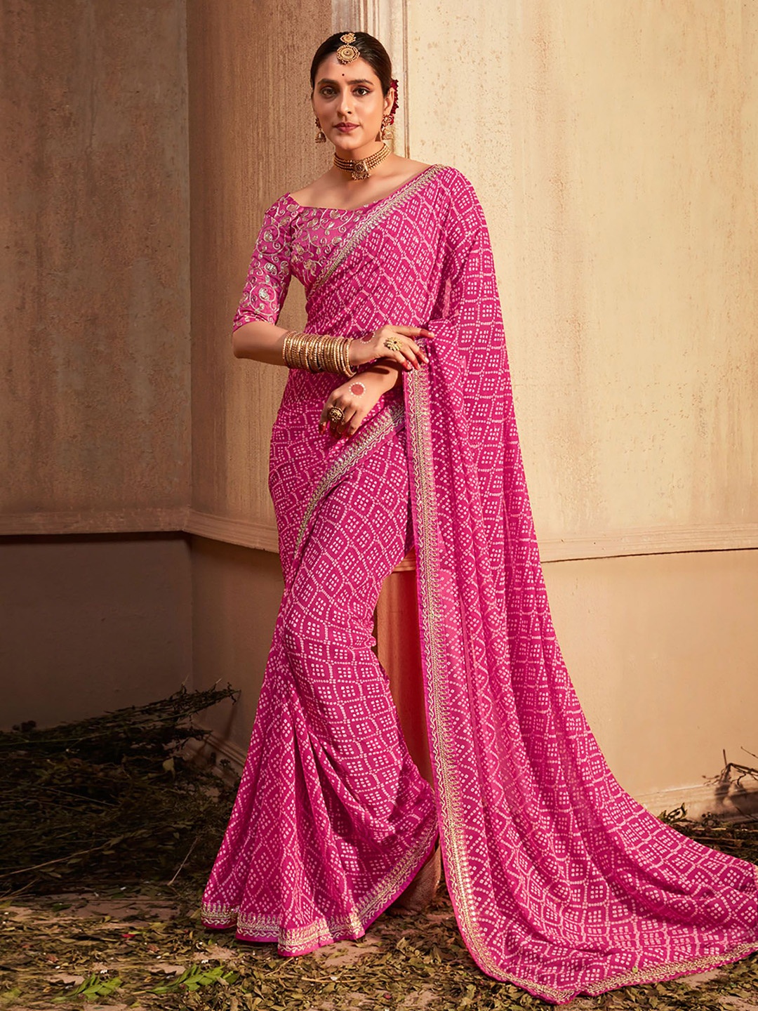 

KALINI Printed Embroidered Pure Georgette Bandhani Saree, Pink