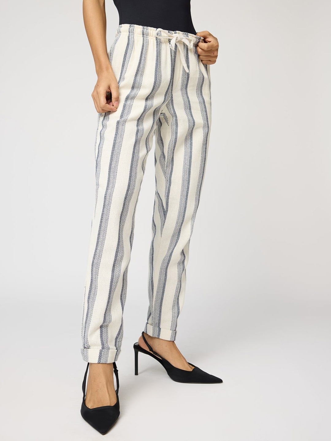 

FREAKINS Women Cotton Striped Tapered Fit High-Rise Trousers, White