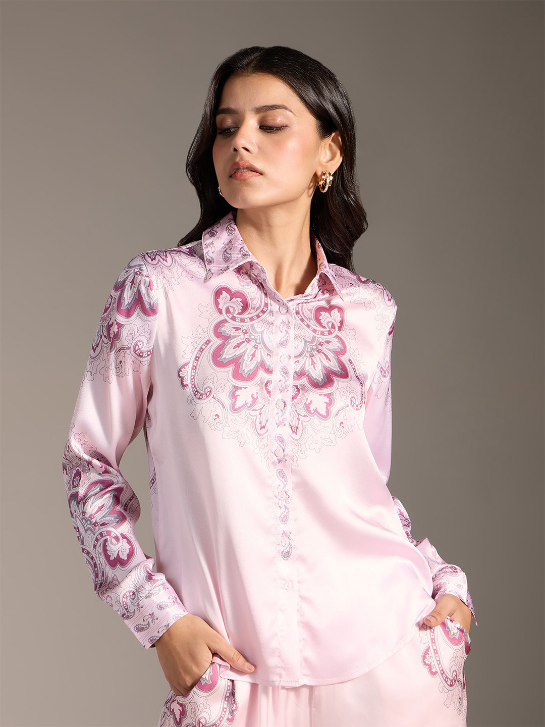 

20Dresses Women Spread Collar Abstract Printed Casual Shirt, Pink