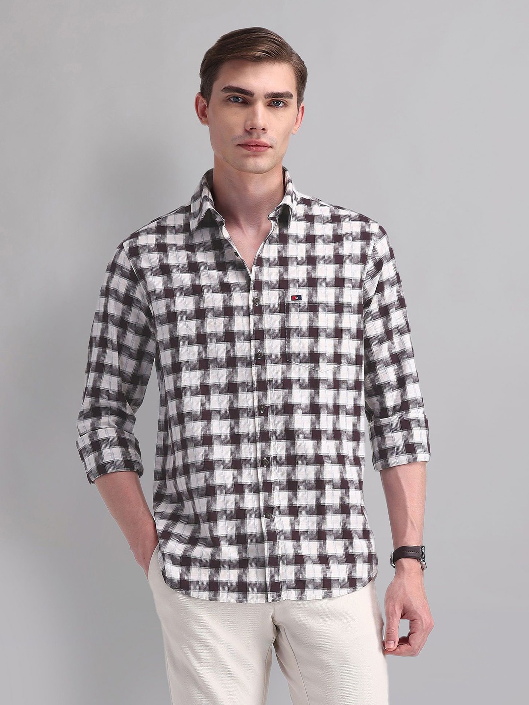 

AD By Arvind Men Spread Collar Checked Cotton Slim Fit Casual Shirt, Brown