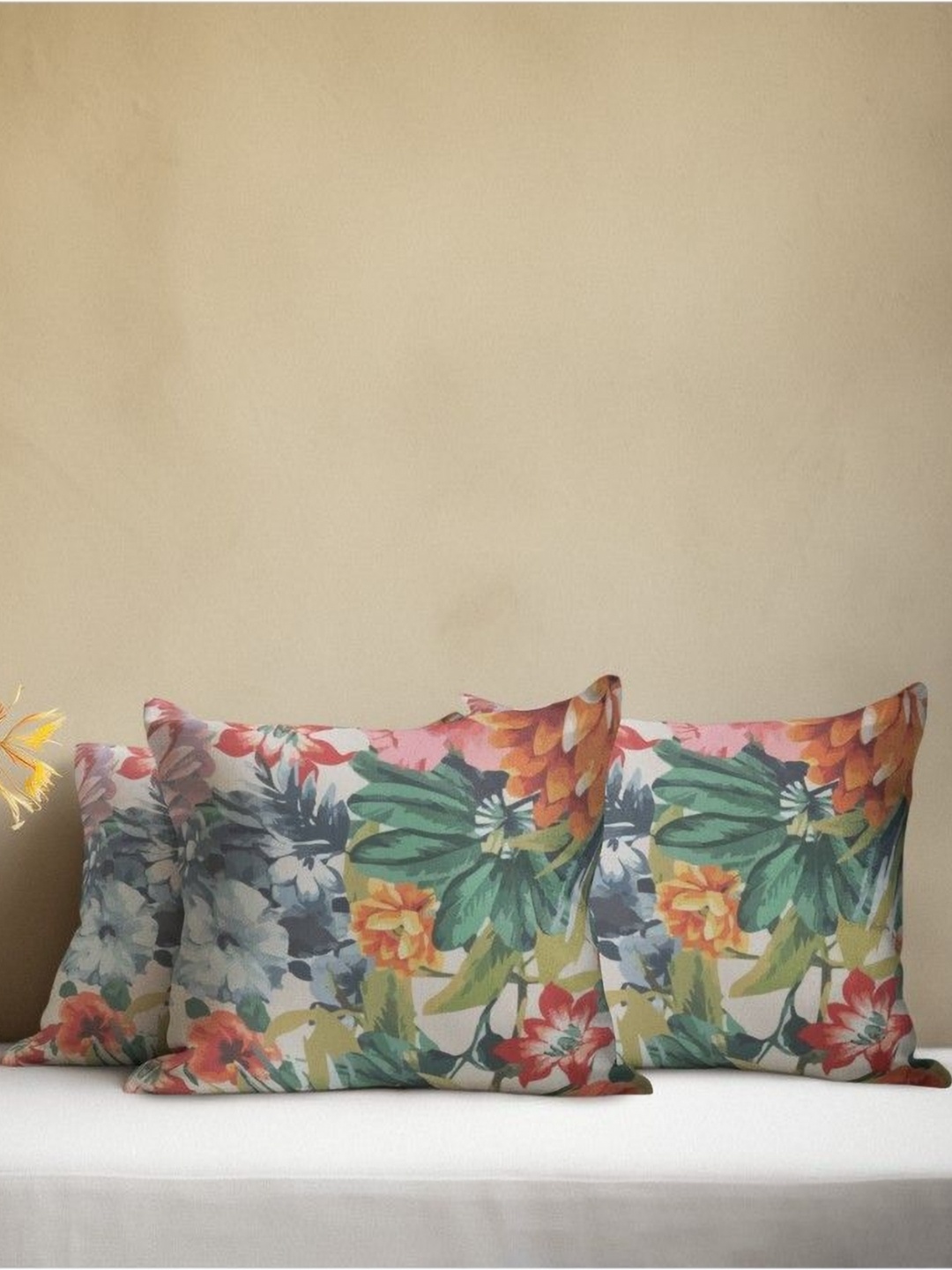 

THEYAYACAFE Off White & Blue 3 Pieces Floral Printed Velvet Square Cushion Covers