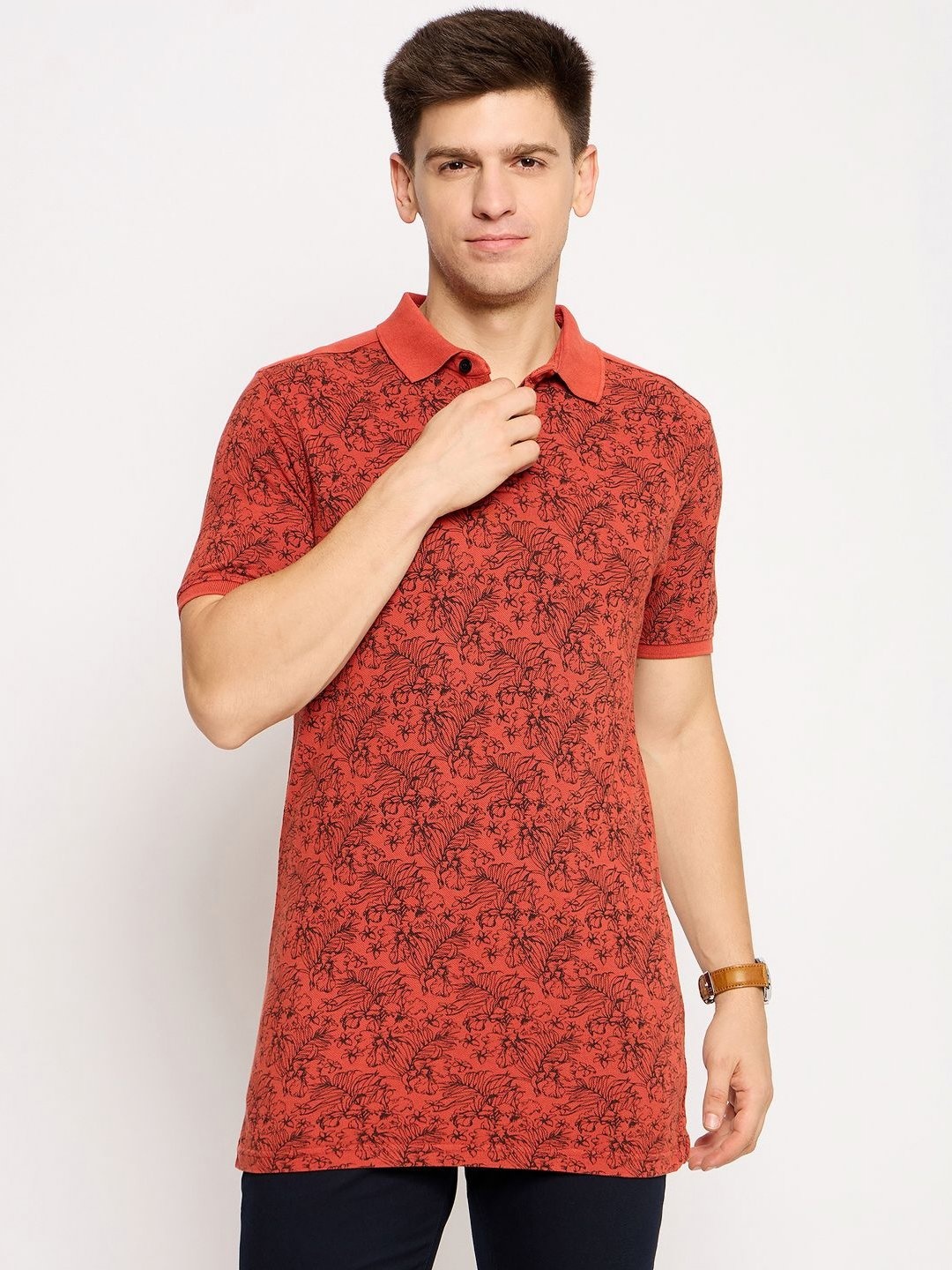 

Club York Men Floral Printed Polo Collar Cotton T-shirt, Red