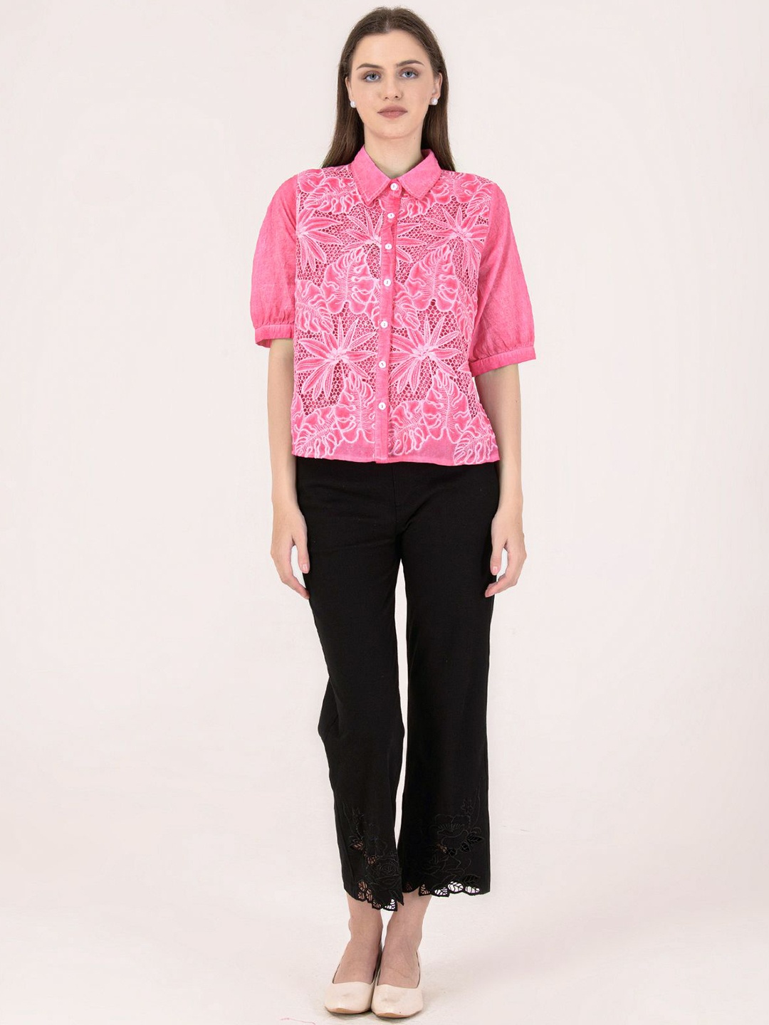 

Albion By CnM Women Floral Printed Shirt Collar Cotton Top, Pink