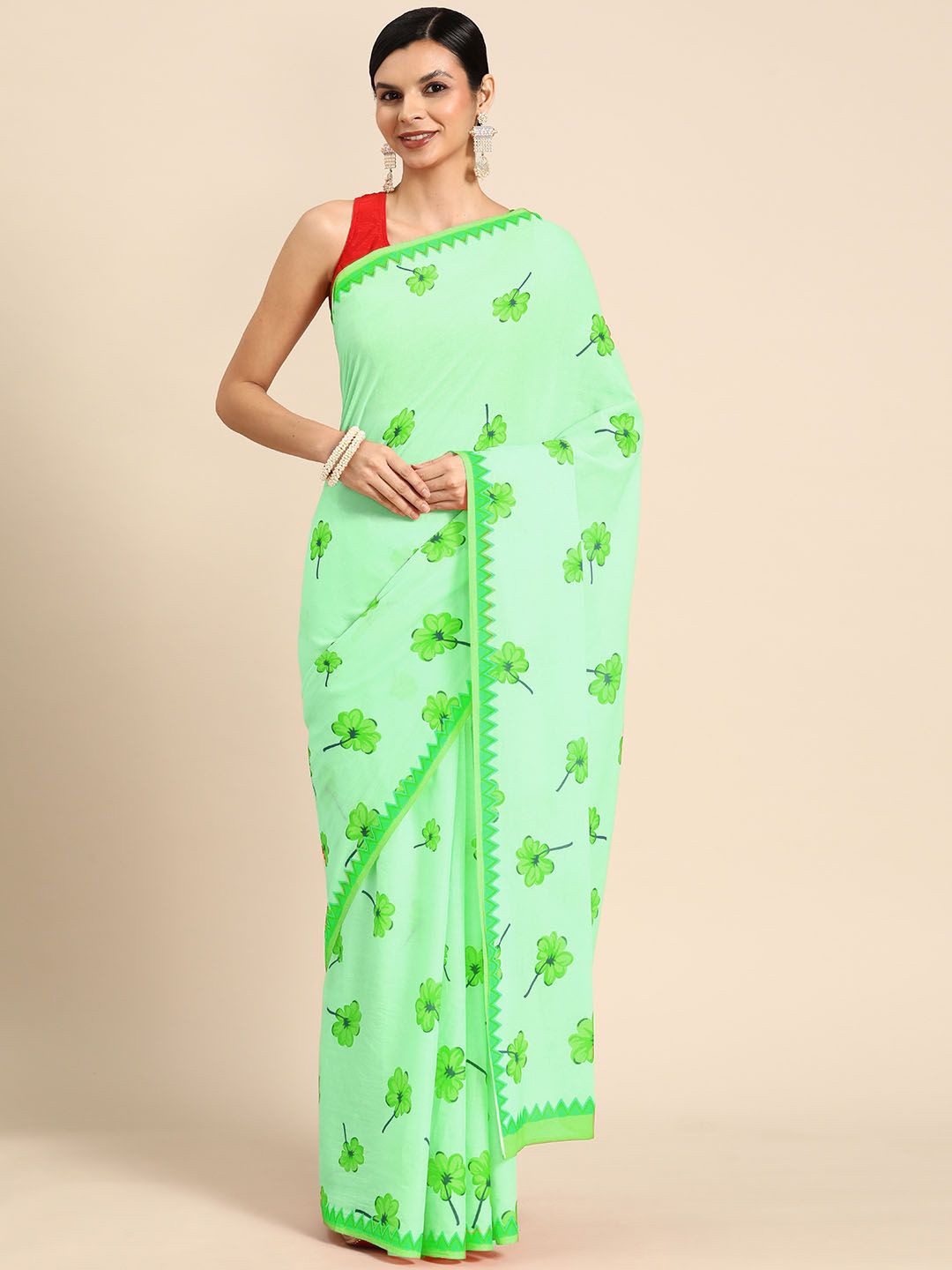 

BUTA BUTI Floral Pure Cotton Saree, Green