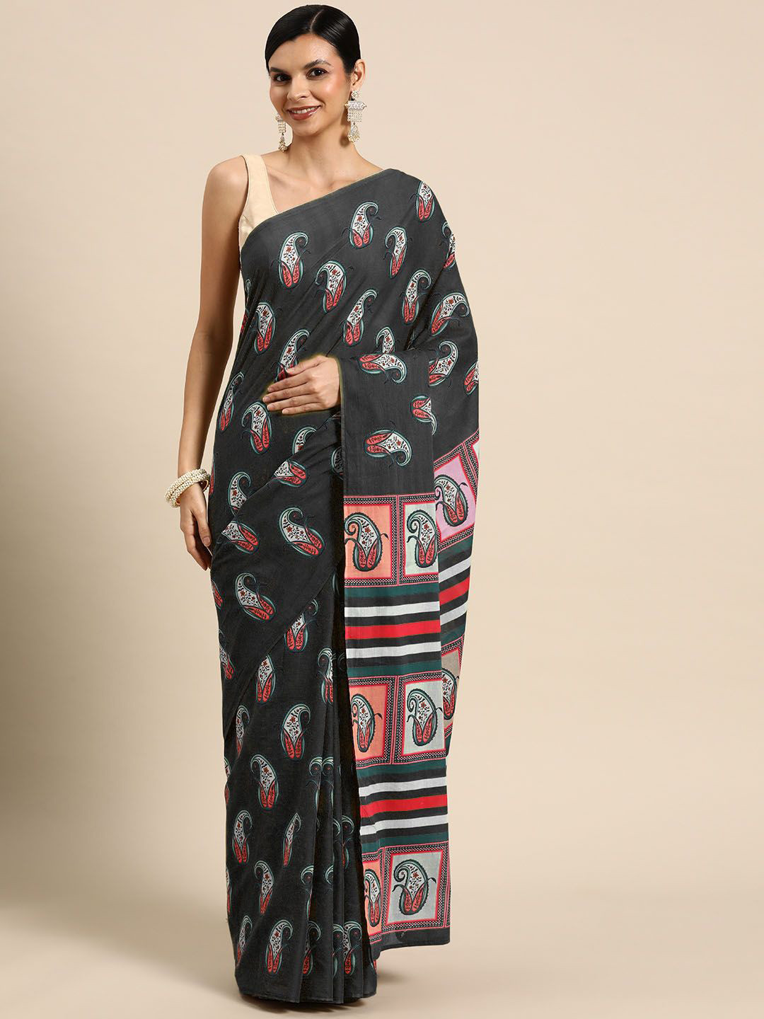 

BUTA BUTI Floral Pure Cotton Saree, Black