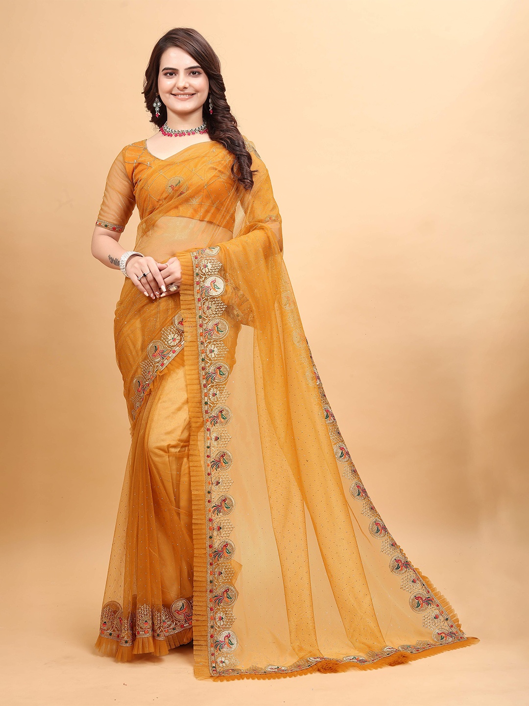 

Zeekha Embellished Embroidered Net Heavy Work Kanjeevaram Saree, Mustard