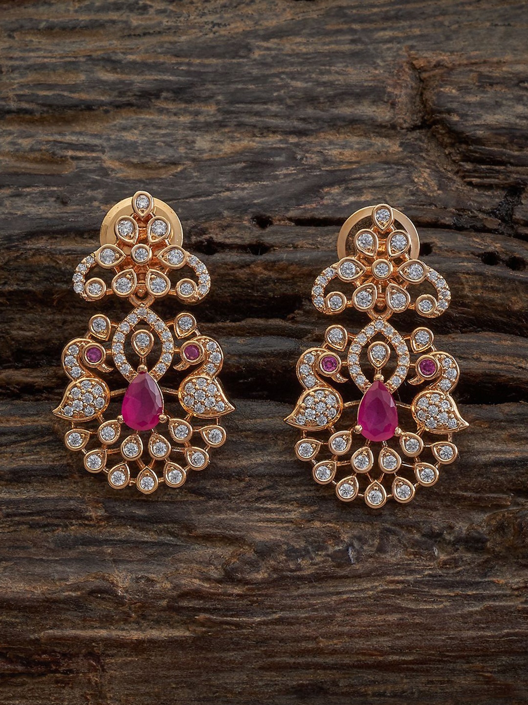 

Kushal's Fashion Jewellery Gold-Plated Cubic Zirconia Studded Peacock Shaped Drop Earrings