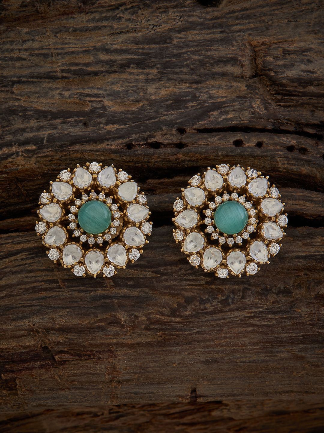 

Kushal's Fashion Jewellery Gold-Plated Floral Shaped Copper Kundan Studs, Sea green