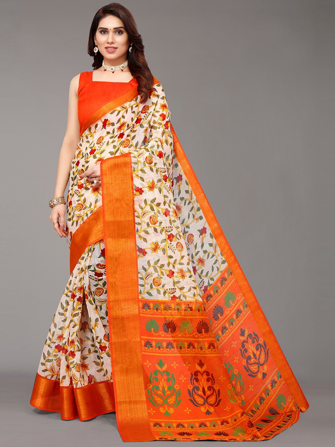 

VIRICA Floral Printed Zari Silk Cotton Saree, Cream