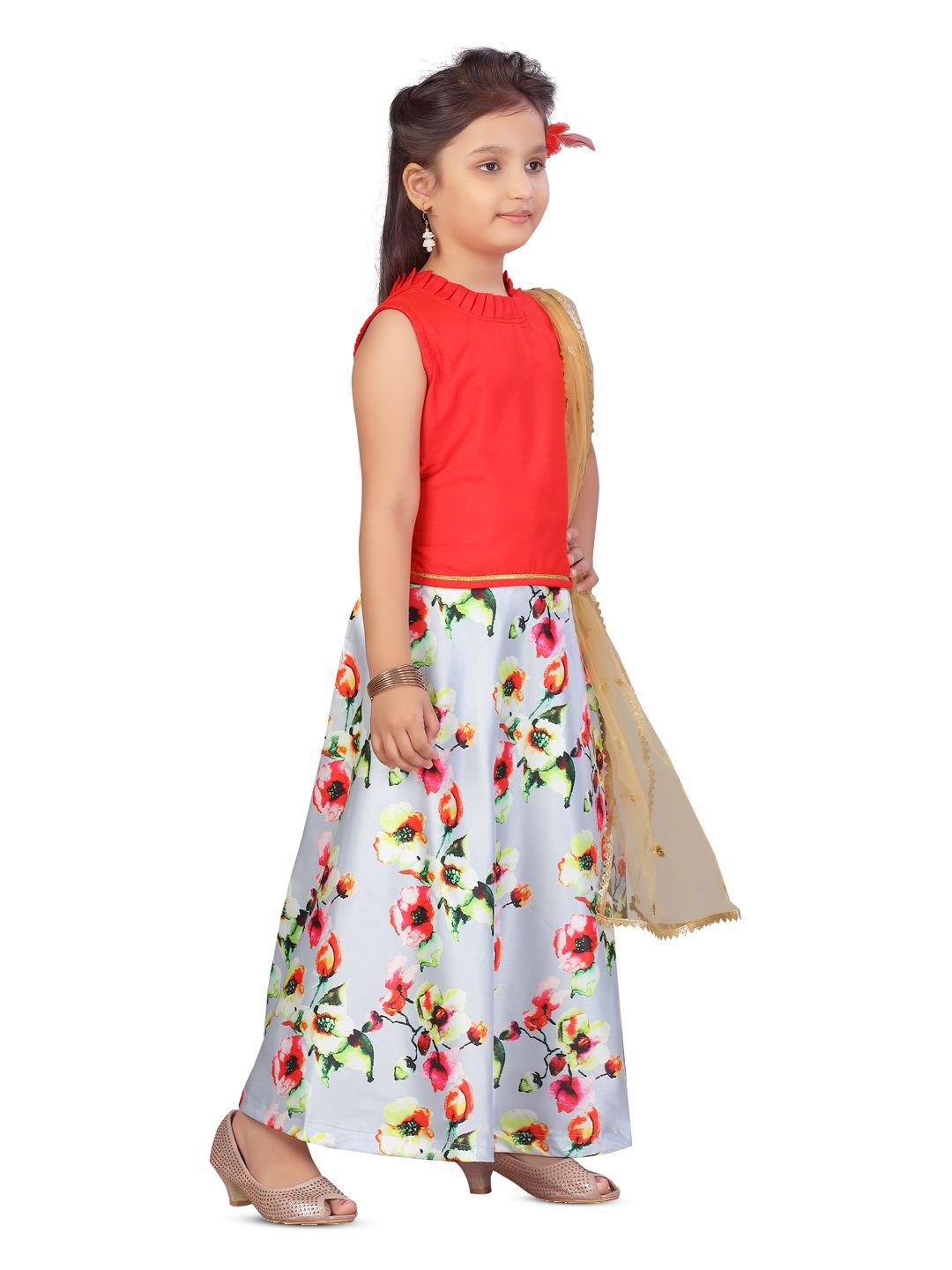 

BAESD Girls Zari Ready to Wear Lehenga & Blouse With Dupatta, Red