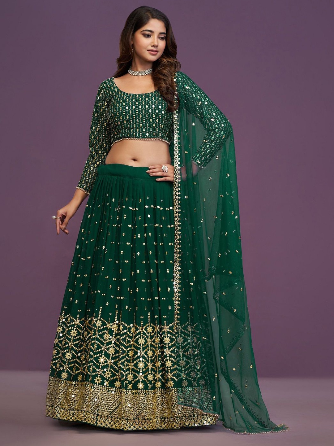 

JIHU CULTURE Embellished Sequinned Semi-Stitched Lehenga & Unstitched Blouse With Dupatta, Green