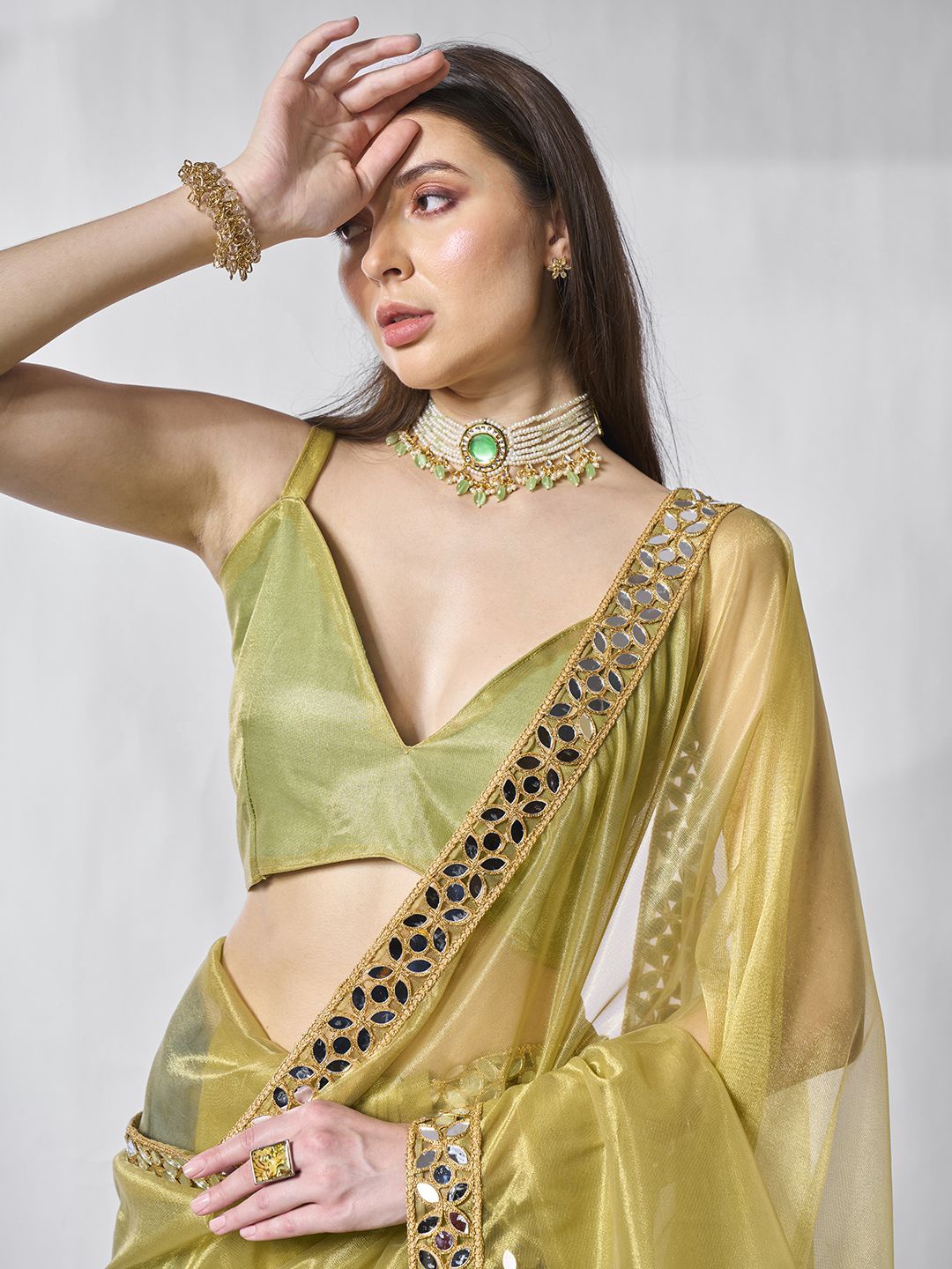

Kalista Mirror Work Organza Saree, Green