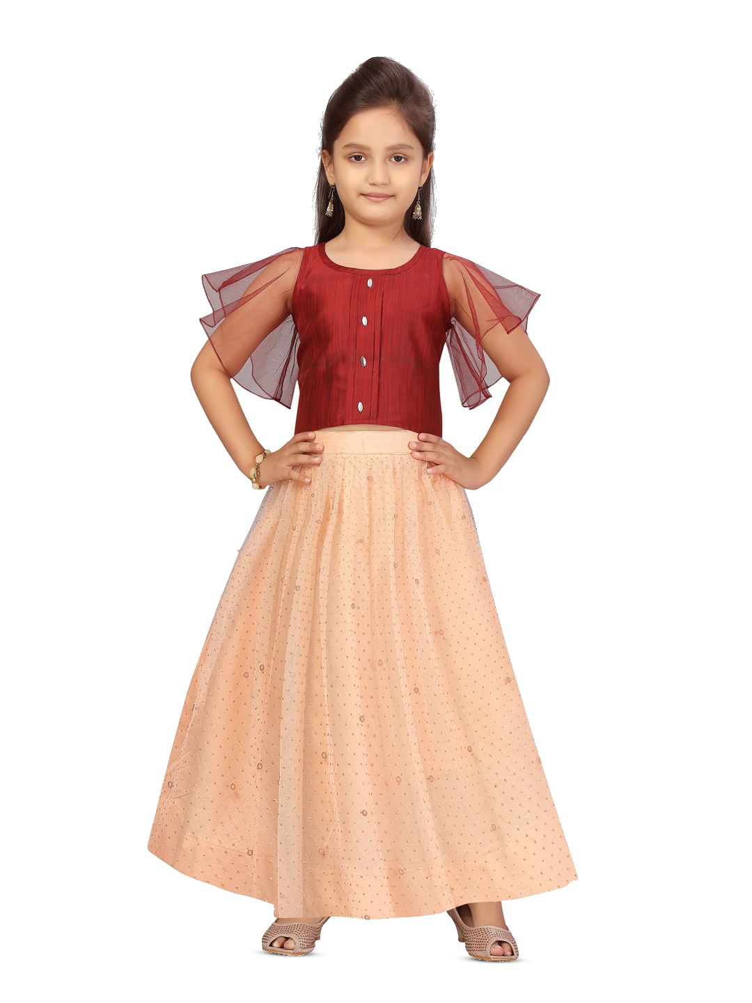 

BAESD Girls Beads and Stones Ready to Wear Silk Lehenga & Blouse, Maroon