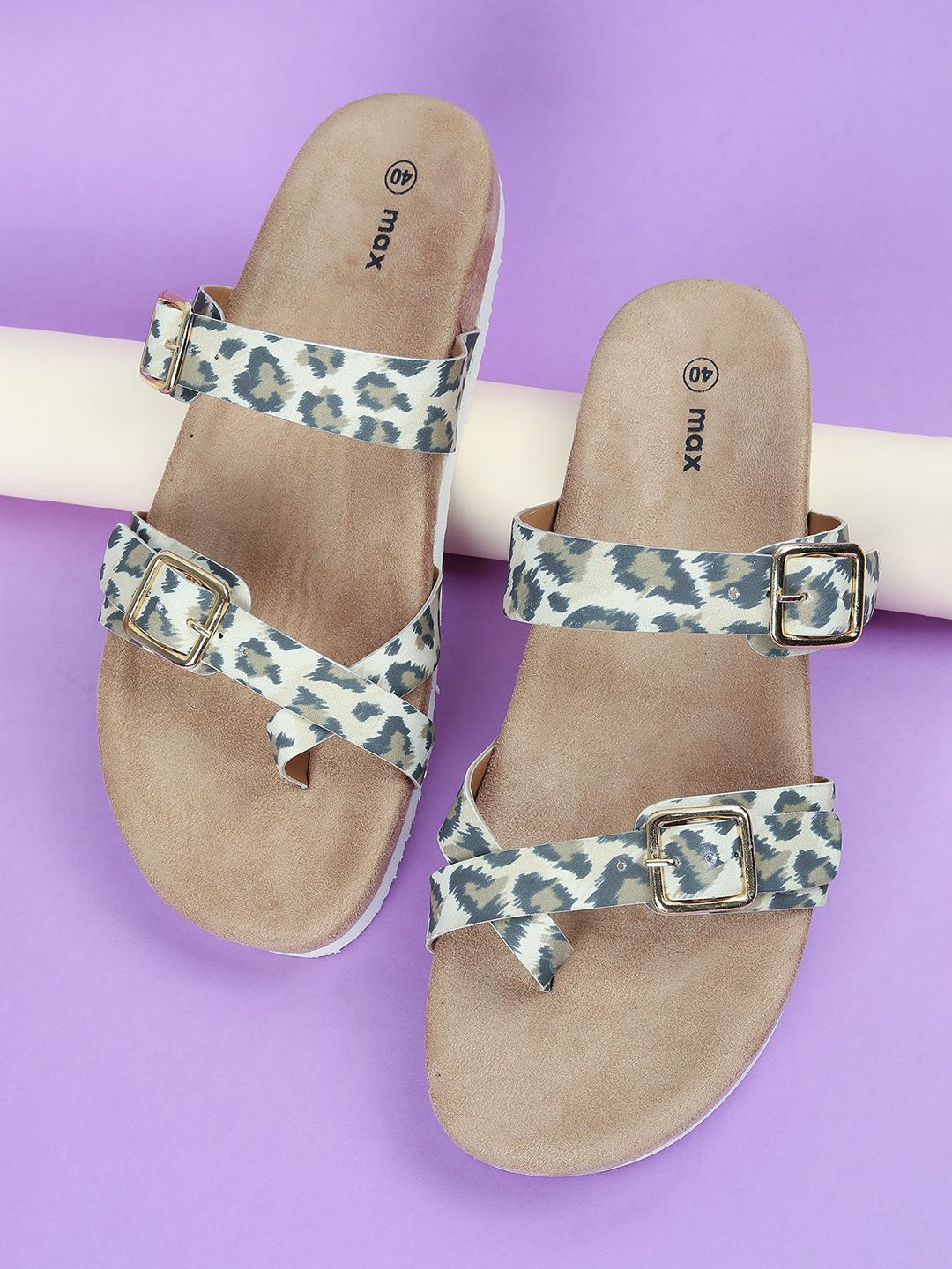 

max Animal Printed Double Strap Flats, Beige