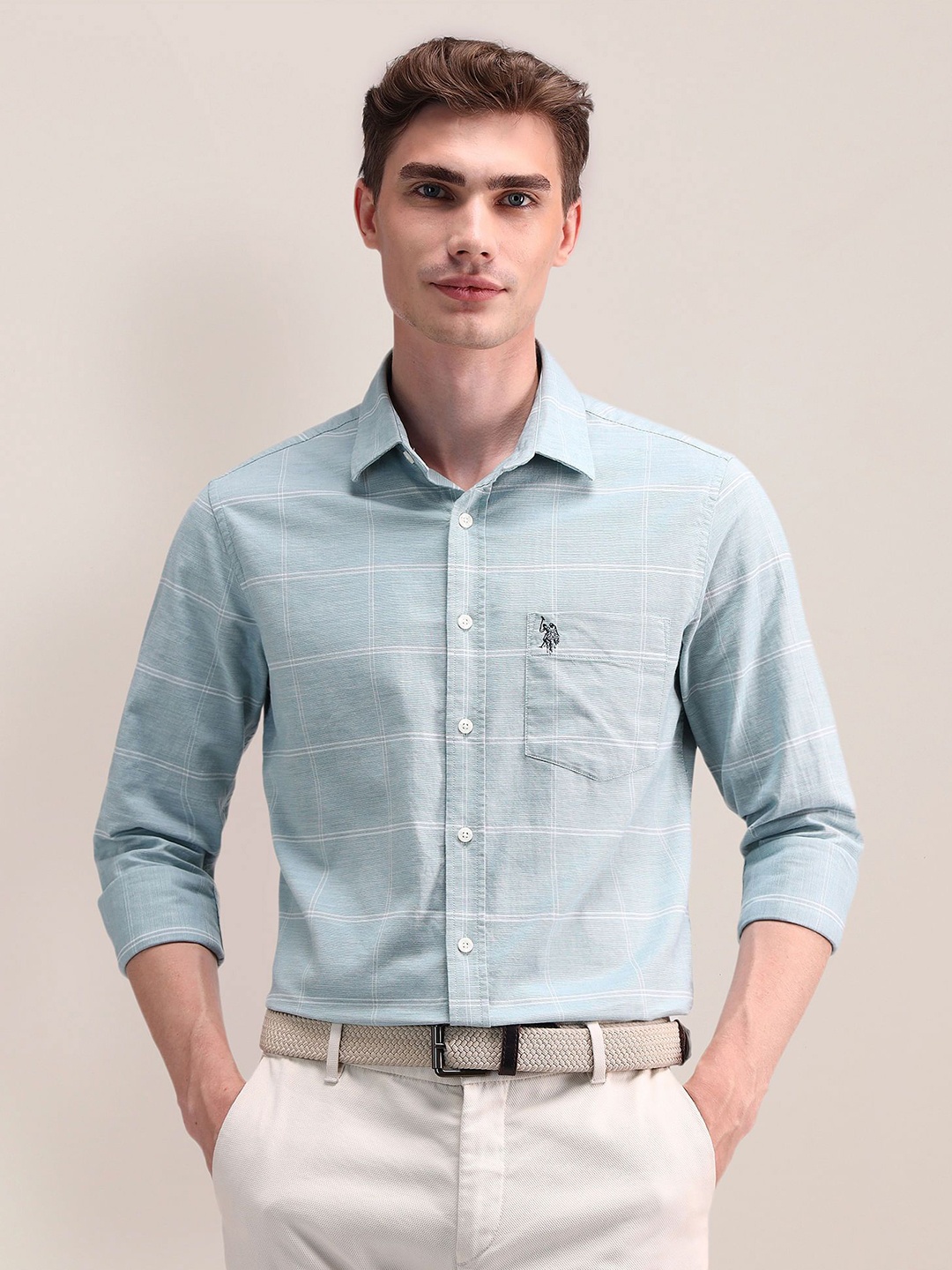 

U.S. Polo Assn. Men Classic Cutaway Collar Checked Cotton Formal Shirt, Blue