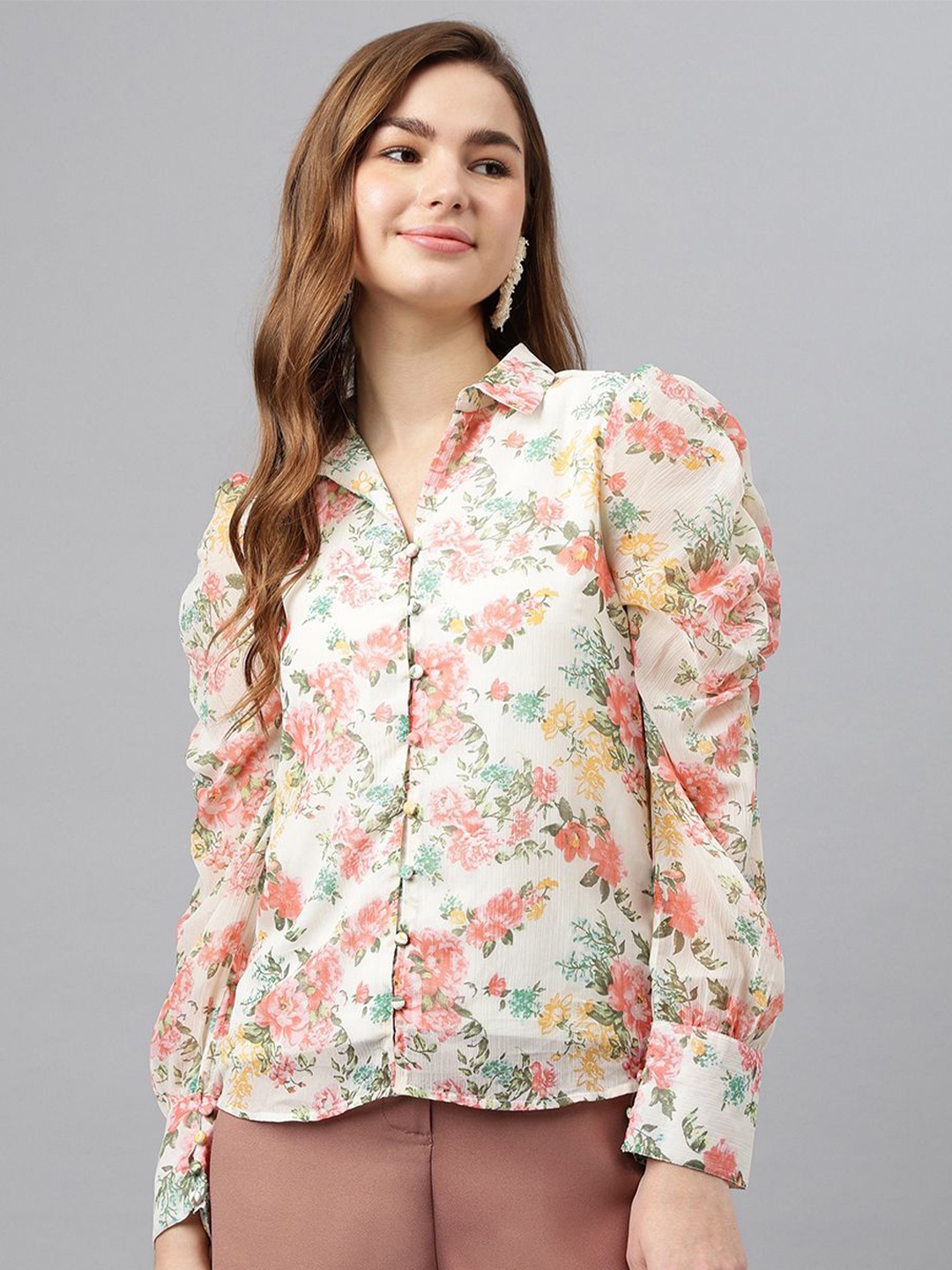 

Latin Quarters Women Floral Printed Puff Sleeves Casual Shirt, Beige