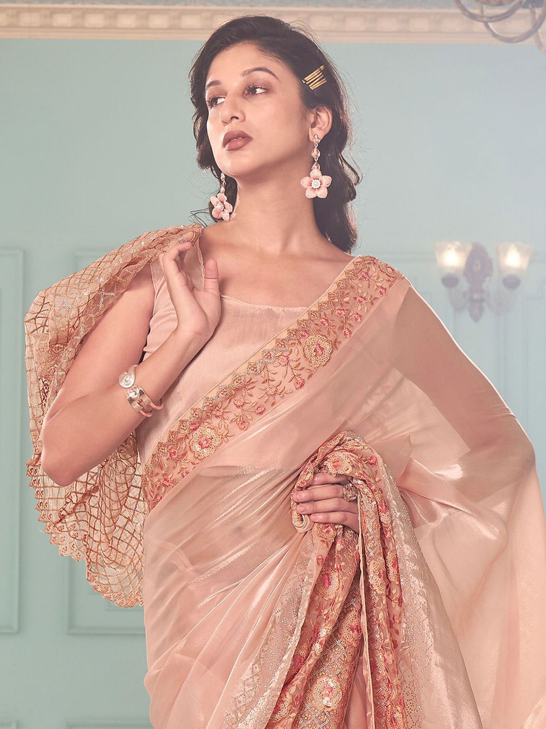 

Satrani Floral Beads and Stones Tissue Saree, Orange
