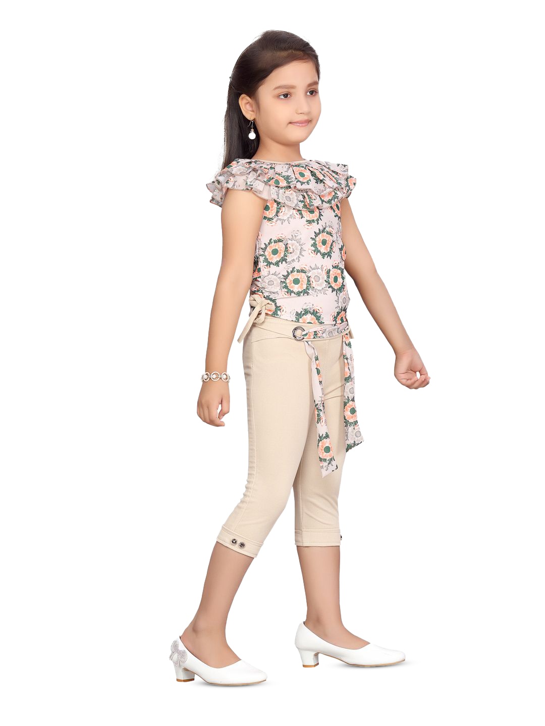 

BAESD Girls Printed Round Neck Top with Capris, Peach