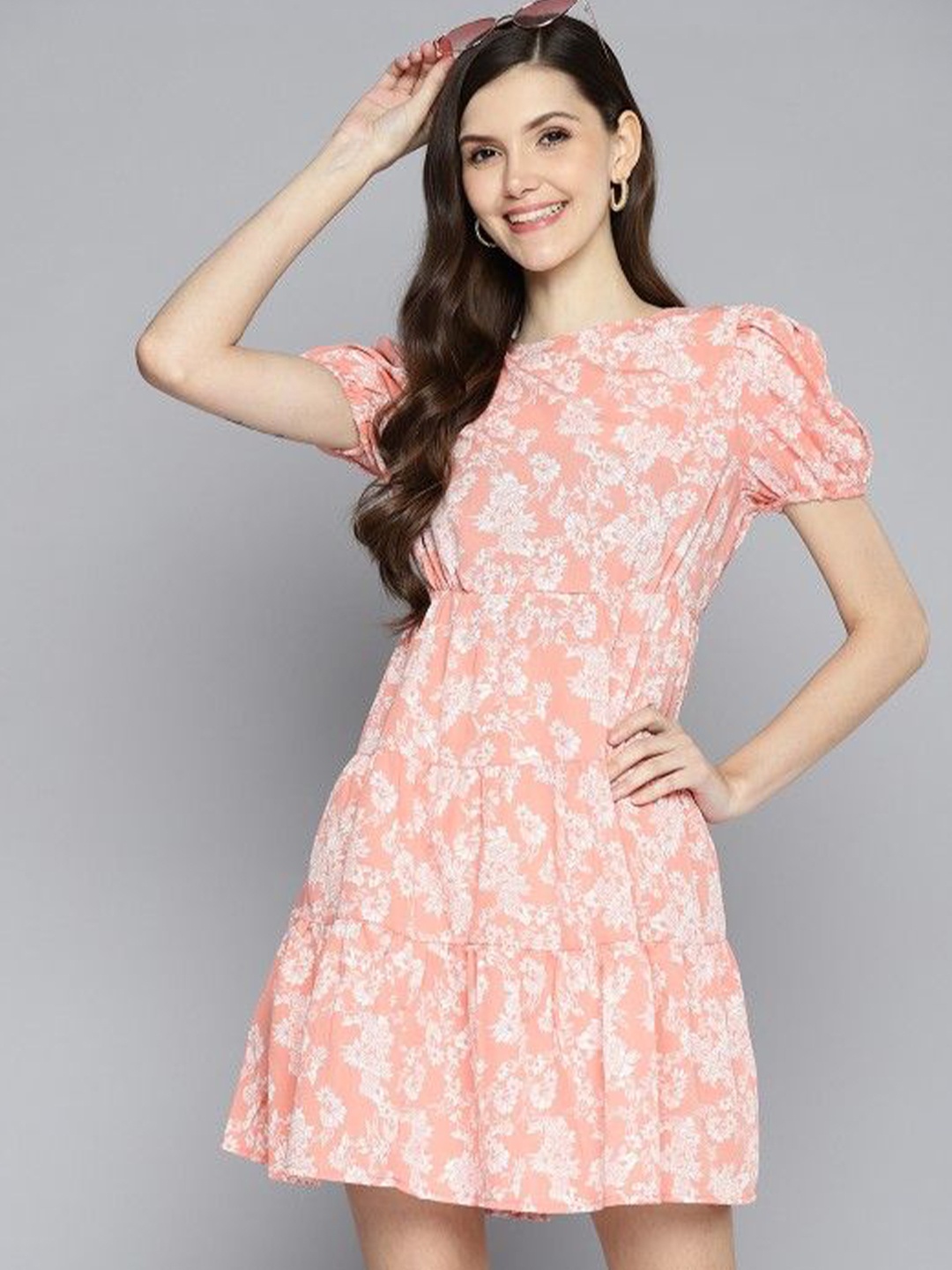 

Mast & Harbour Women Floral Printed Puff Sleeve Fit & Flare Dress, Peach