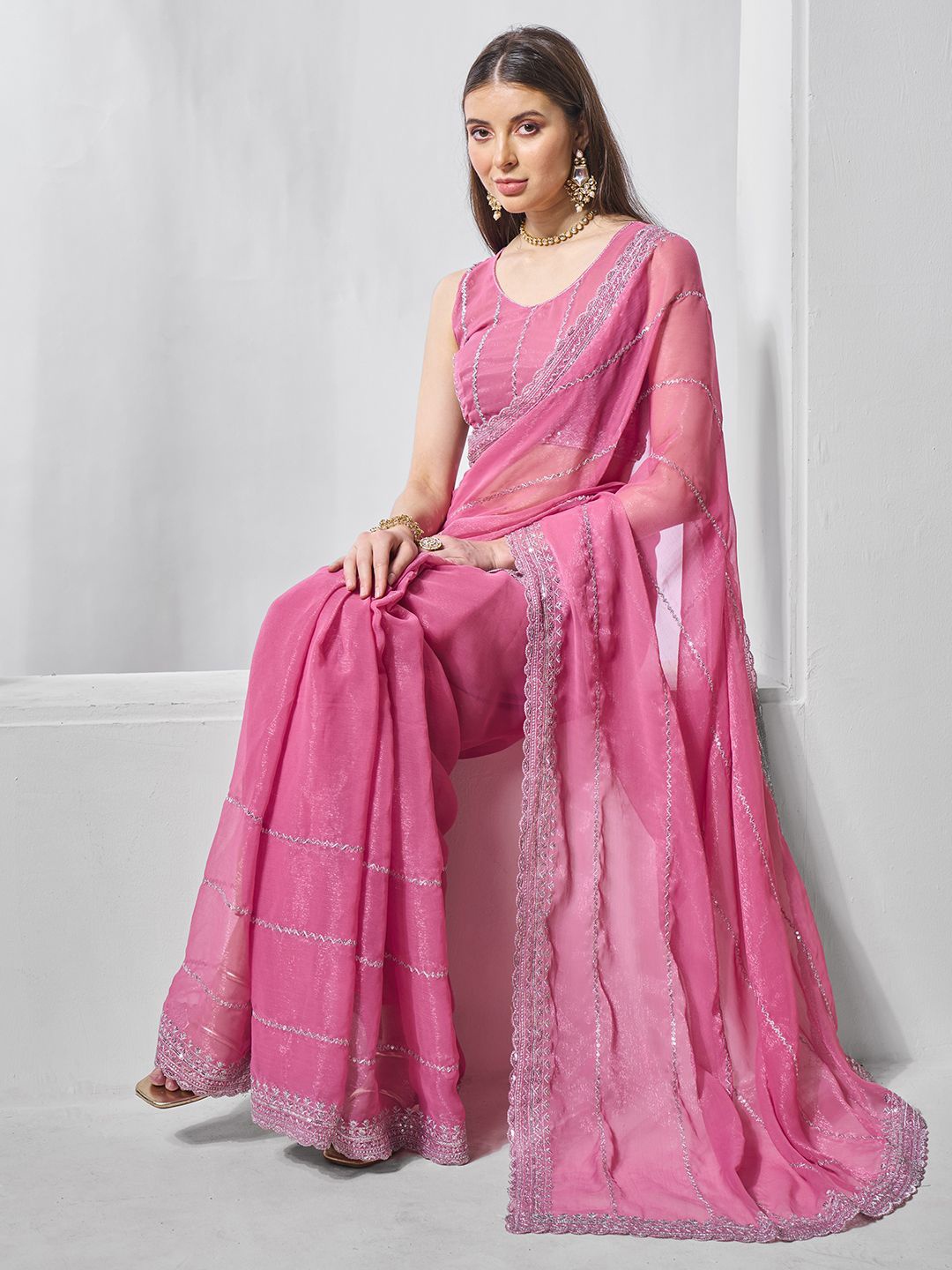 

Kalista Striped Embroidered Pure Chiffon Saree, Pink