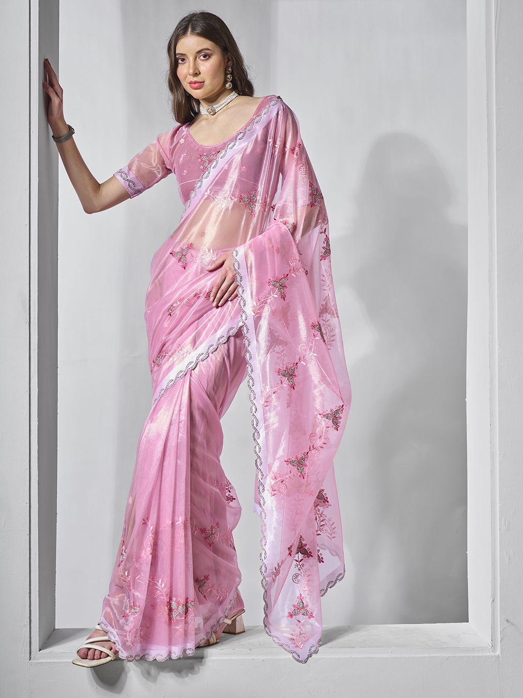 

Mitera Floral Beads and Stones Organza Saree, Pink