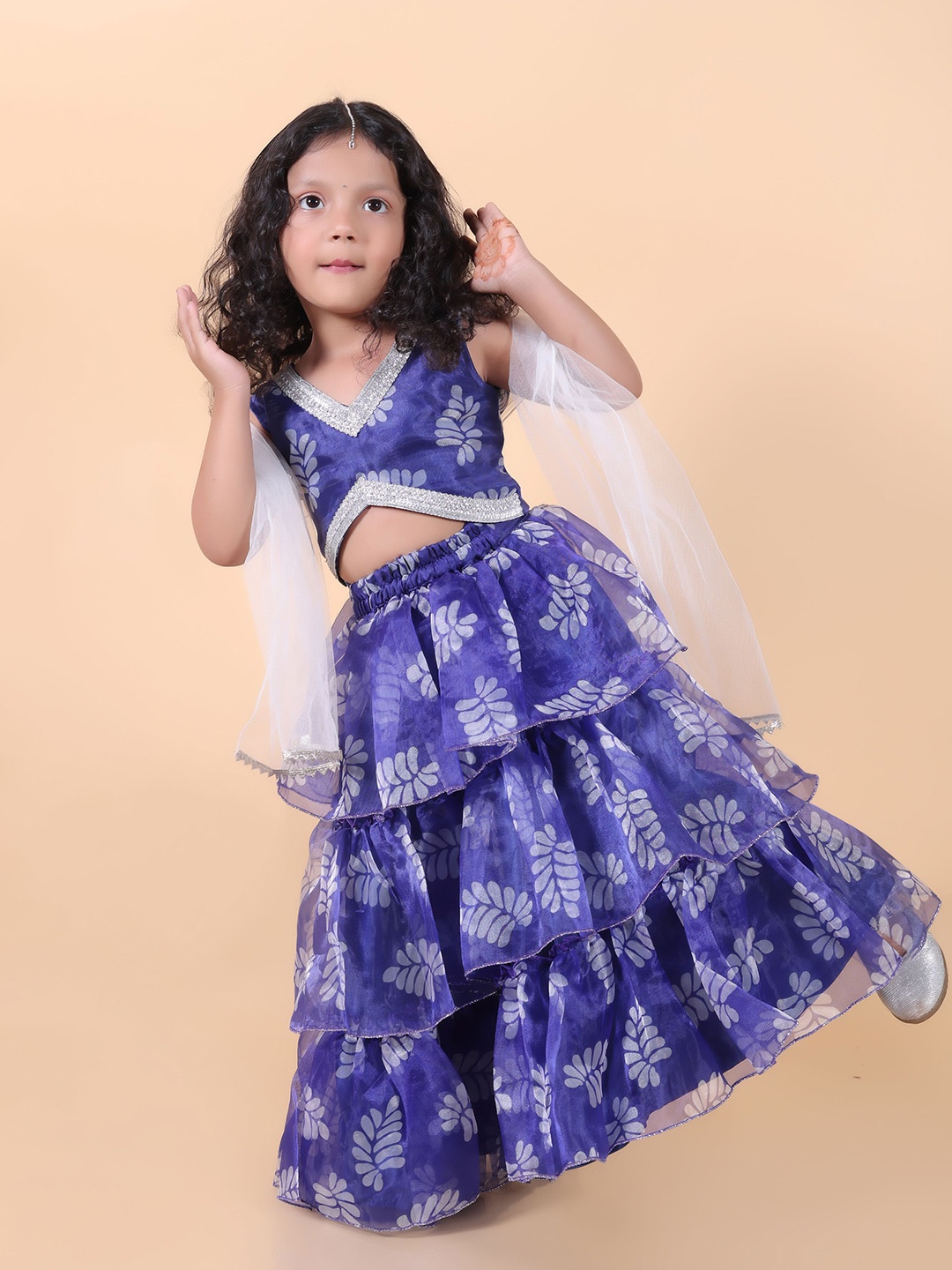 

BAESD Girls Floral Printed Ready to Wear Organza Lehenga & Blouse With Dupatta, Blue