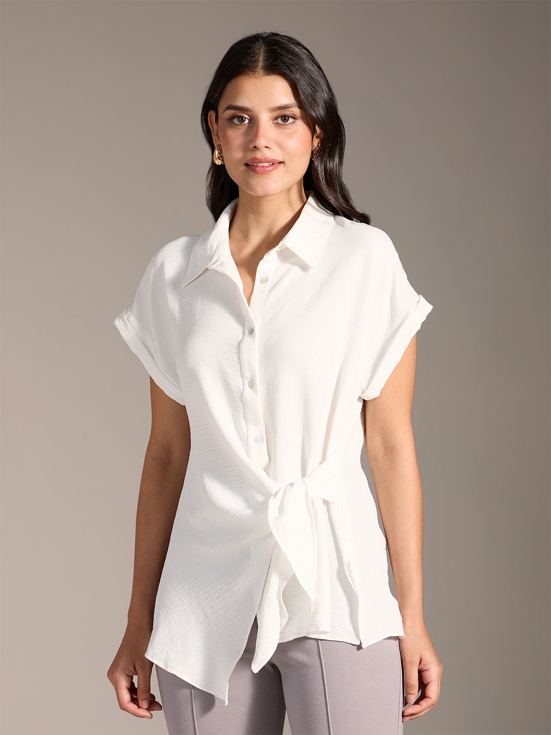 

20Dresses Women Spread Collar Solid Crepe Casual Shirt, White