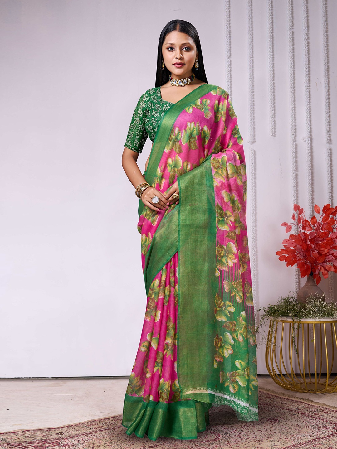

V3 FASHION STUDIO Ethnic Motifs Zari Pure Cotton Ikat Saree, Pink
