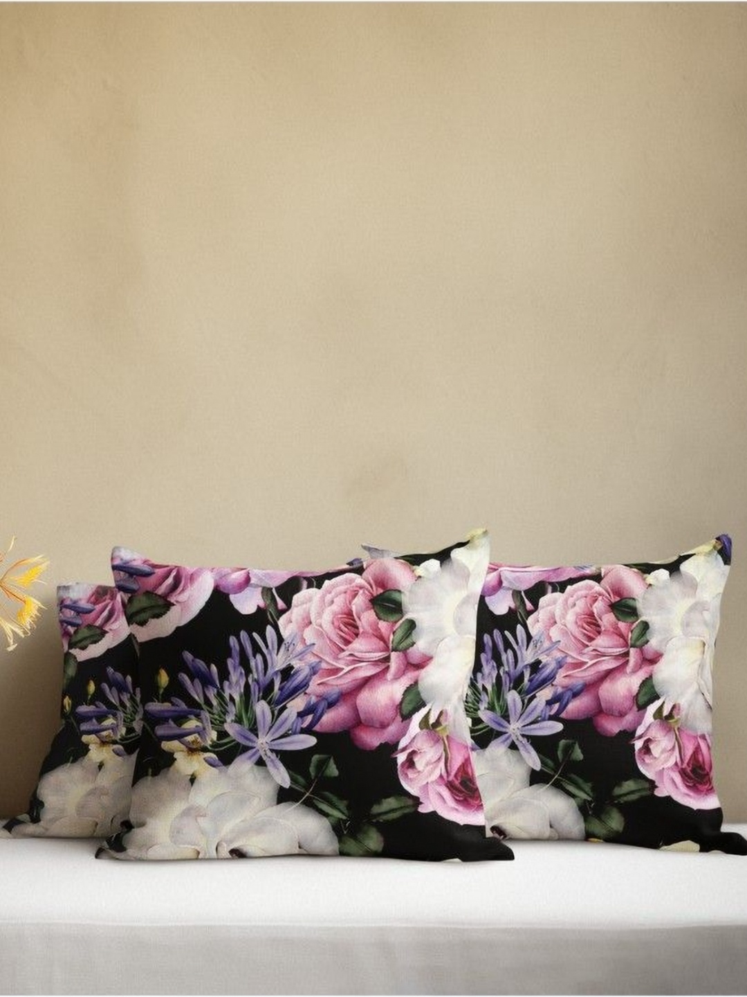 

THEYAYACAFE Black & Purple 3 Pieces Floral Velvet Square Cushion Covers