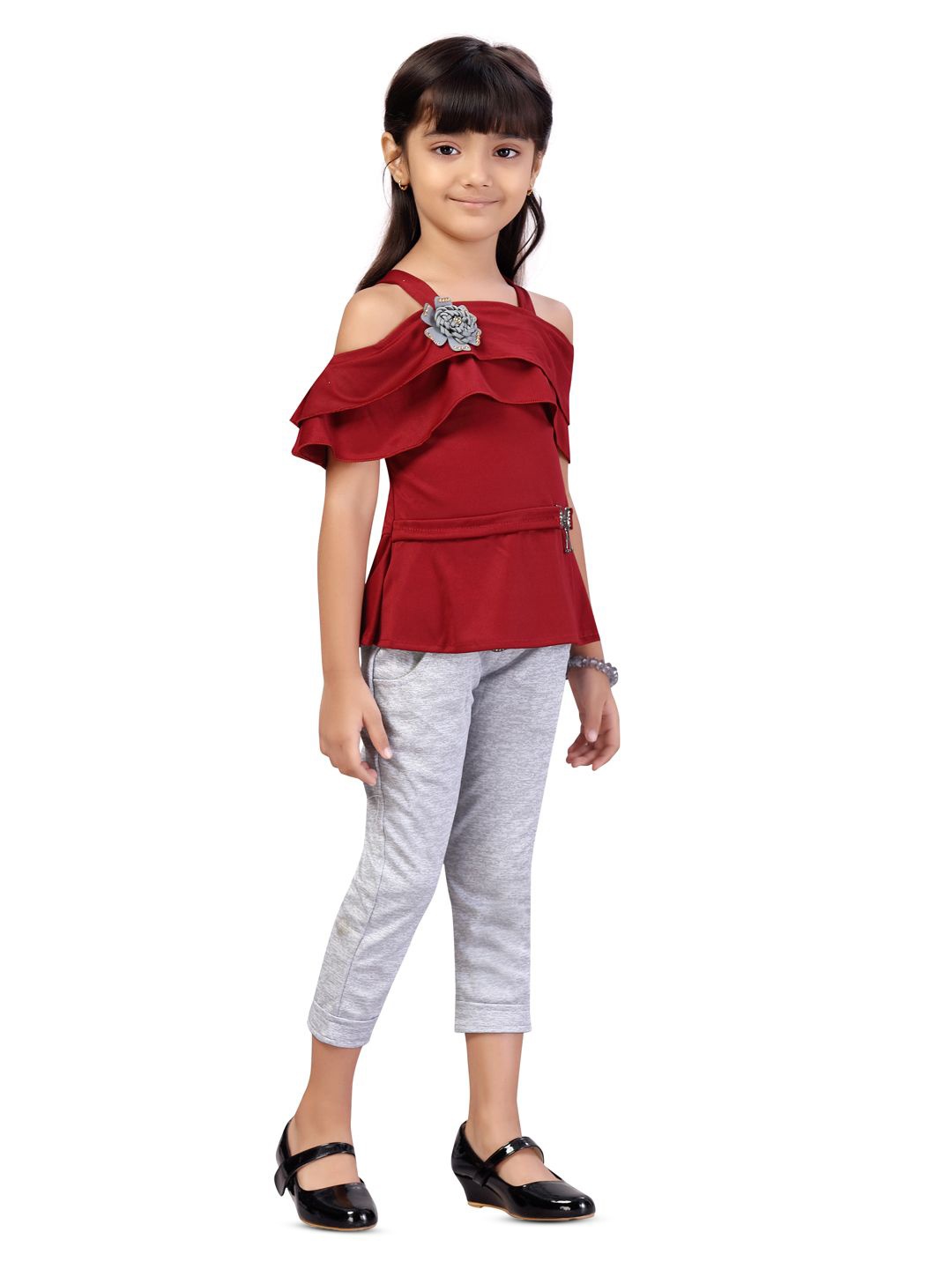 

BAESD Girls Shoulder Straps Short Sleeves Cotton Blend Top With Trousers, Maroon