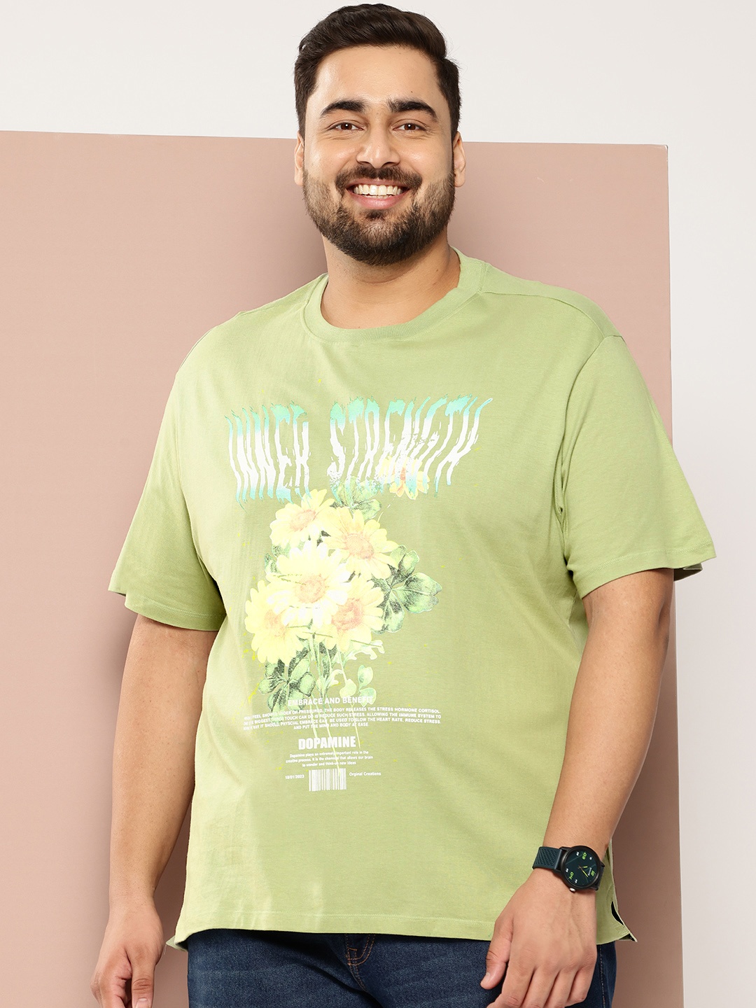 

Sztori Plus Size Floral Printed Pure Cotton T-shirt, Fluorescent green