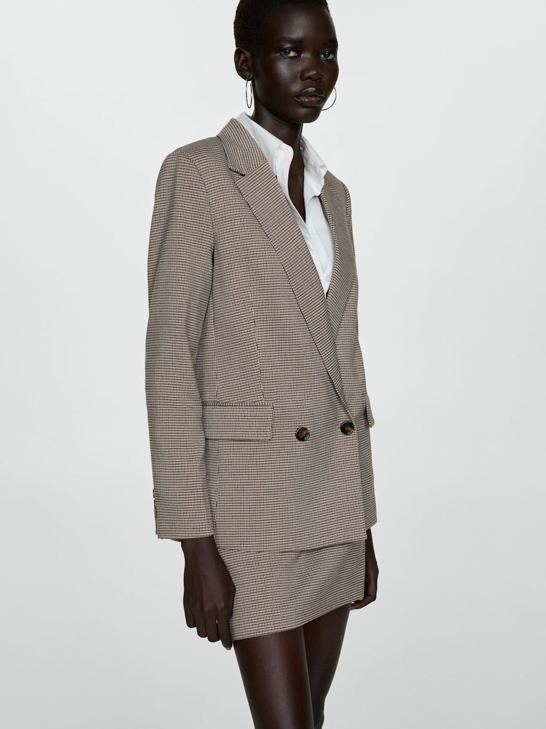 

MANGO Houndstooth Checked Double-Breasted Blazer, Brown