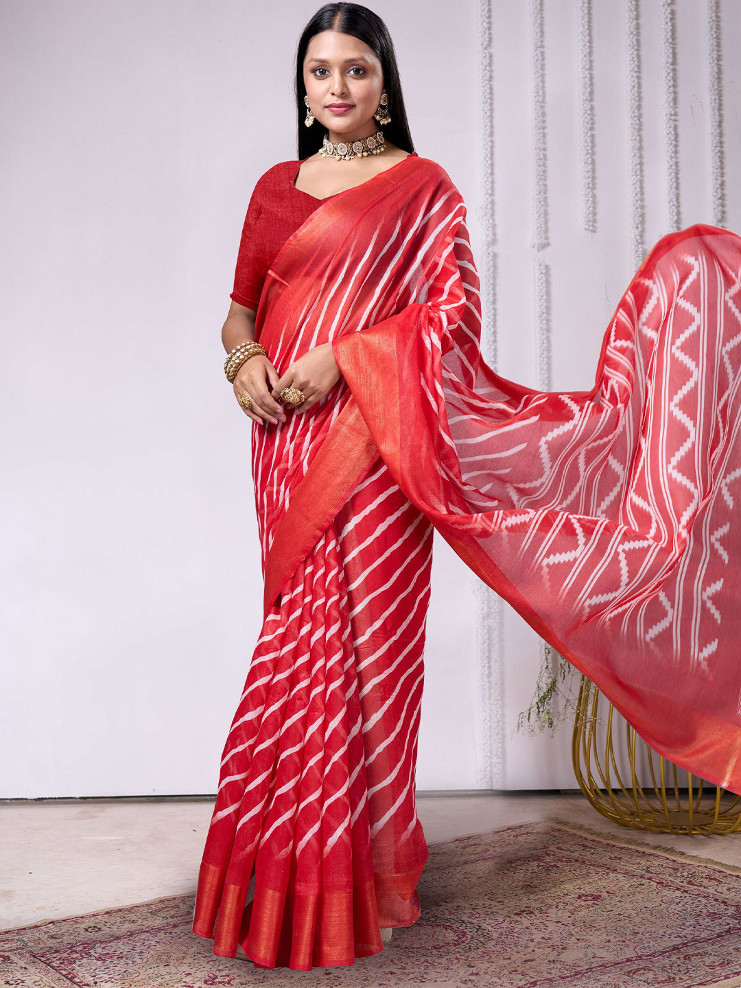 

KALINI Striped Pure Cotton Ikat Saree, Red