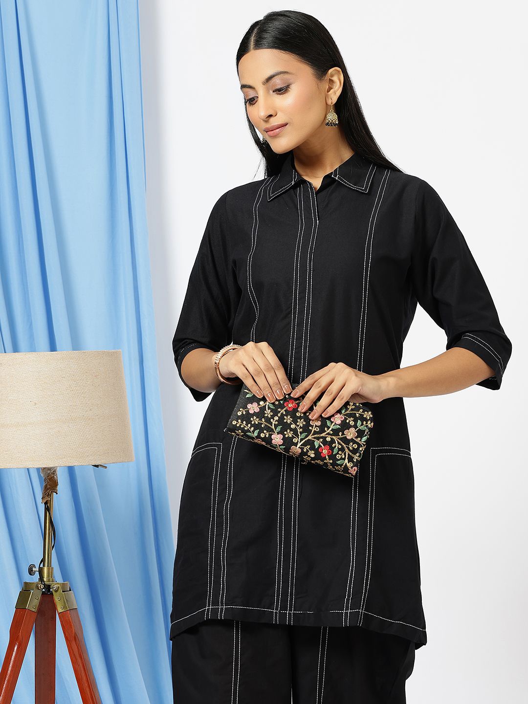 

Anushil Shirt Collar Top With Trouser, Black