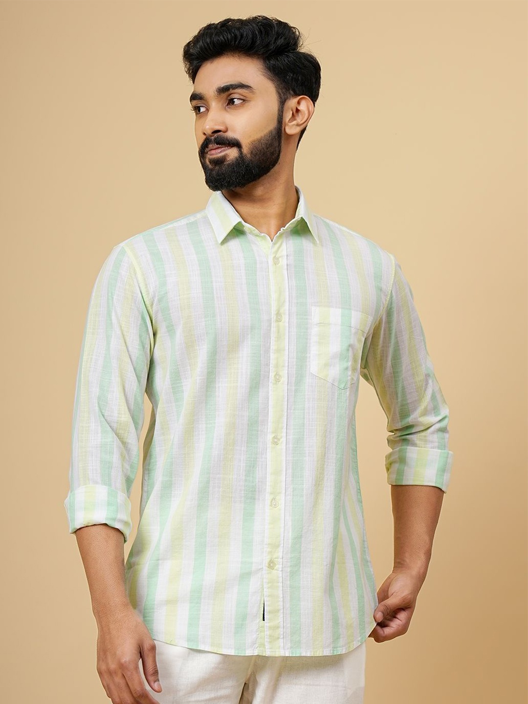 

JADE BLUE Men Vertical Striped Cotton Slim Fit Casual Shirt, Green