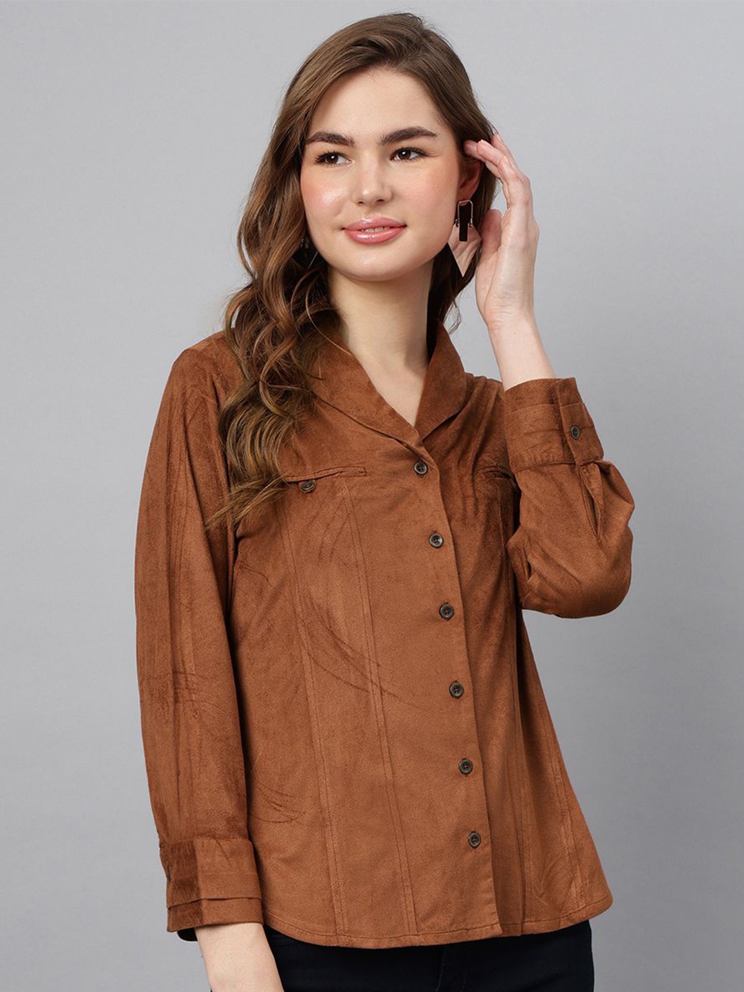 

Latin Quarters Women Spread Collar Solid Casual Shirt, Brown
